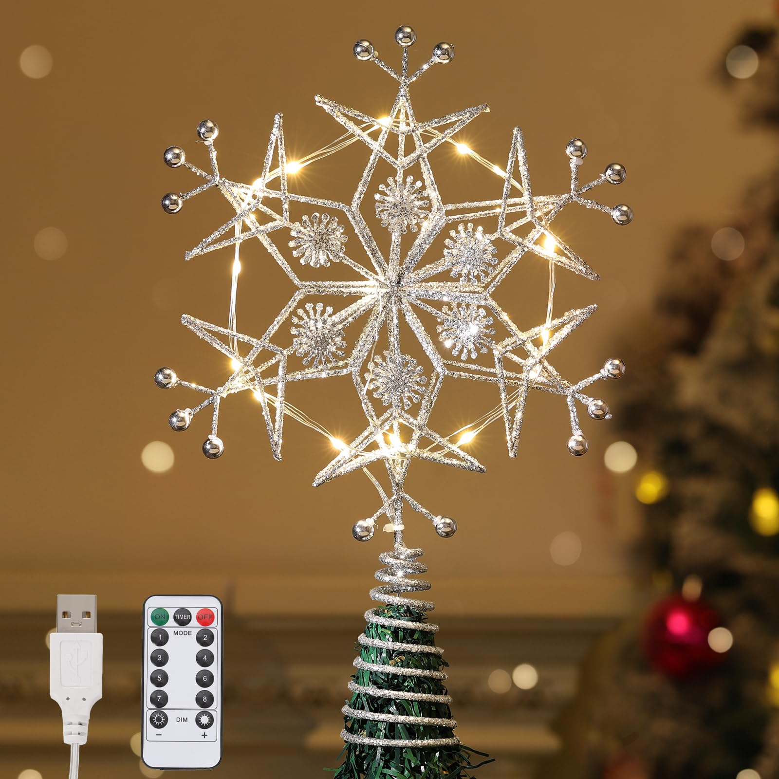 Lewondr Christmas Tree Topper, Metal Frame Snowflake Christmas Tree Topper with 15 Light Beads, USB Powered & Remote Control Tre