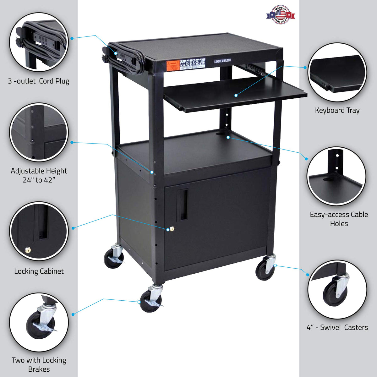 LUXOR AVJ42KBC Adjustable Steel A/V Cart - Cabinet with Pullout Trays