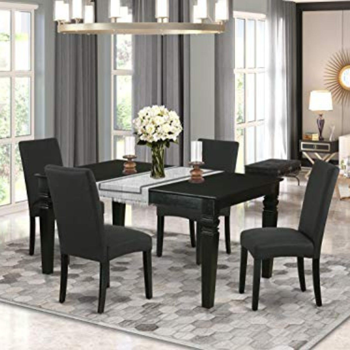 East West Furniture Wedr5-Blk-24 5 Piece Kitchen Table Set Includes A Rectangle Dining Table With Butterfly Leaf And 4 Black Color Linen Fabric Upholstered Chairs, 42X60 Inch, Black