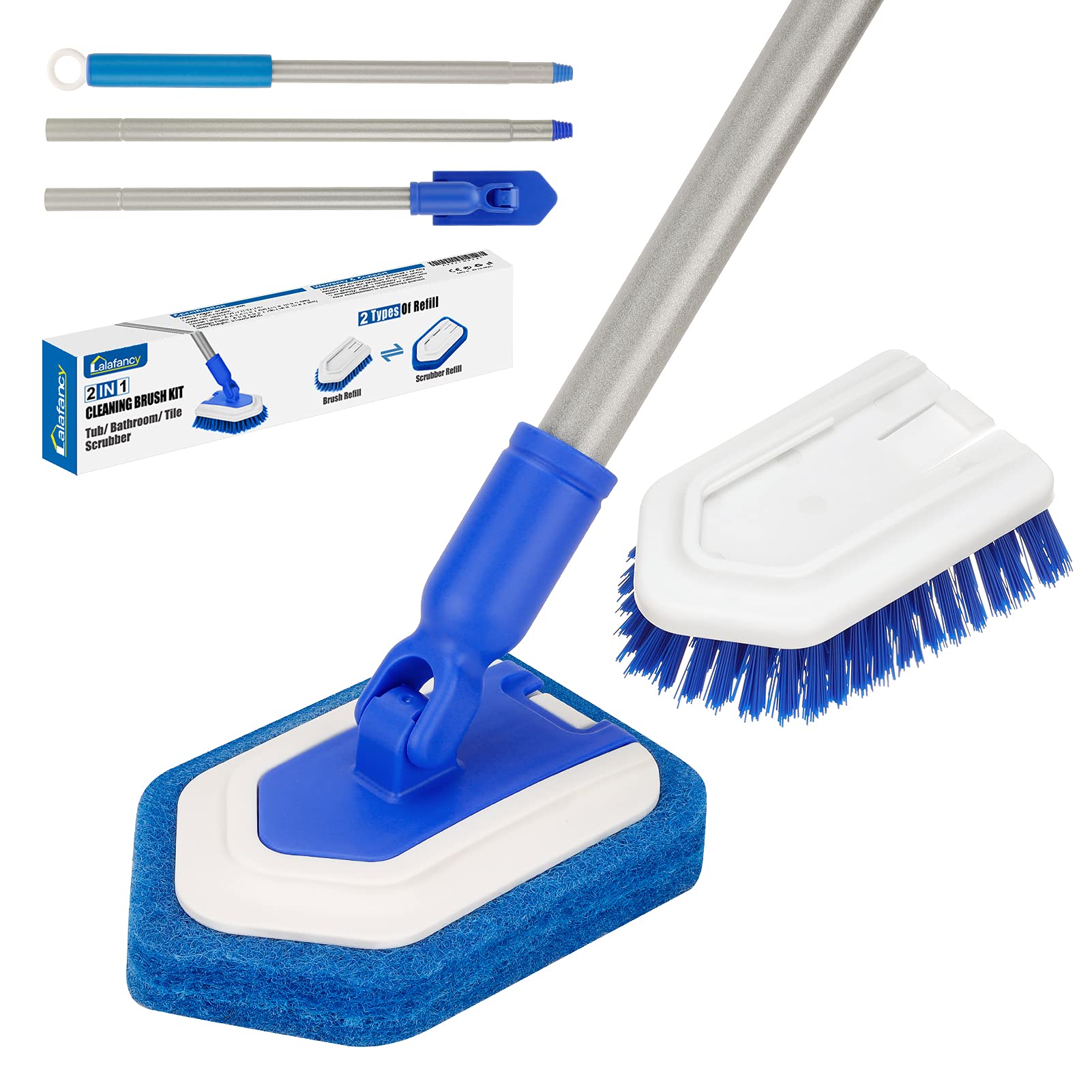 Lalafancy Bathroom Scrubber with Extendable Long Handle 50 -2-in-1 Tub and Tile Cleaning Brush Interchangeable Head Attachment