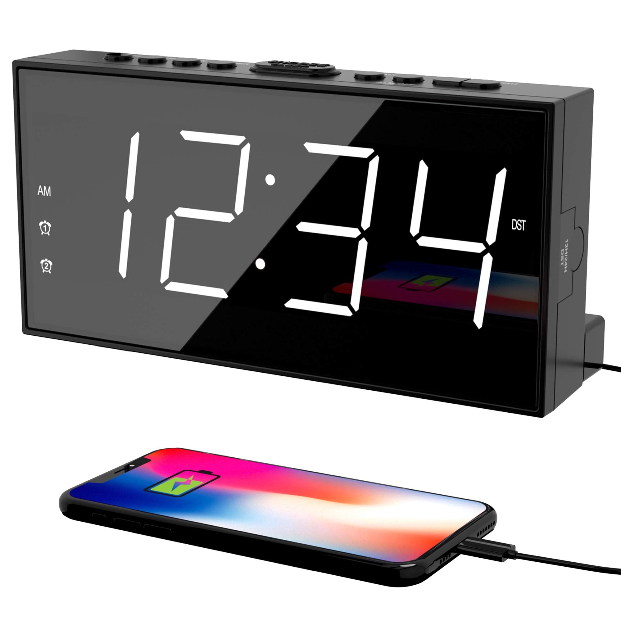 Alarm Clock for Bedroom, 2 Alarms Loud LED Big Display Plug in Simple Basic Digital Clock with USB Charging Port, Adjustable Vol