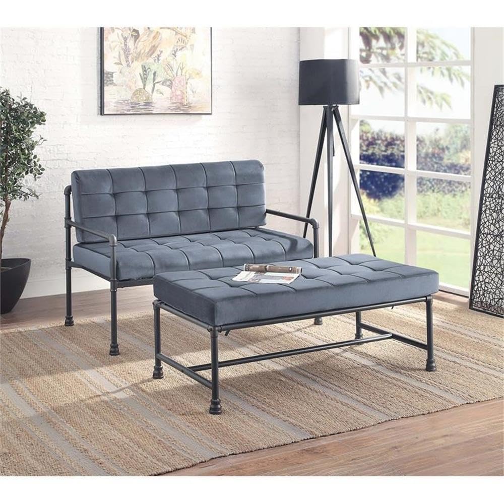 Acme Brantley Tufted Bench with Metal Frame in Gray and Sandy Gray Velvet