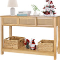 Long Console Table, Console Tables for Entryway, Rattan Entry Table Narrow Wood Console Table with Storage, Modern Couch Table H
