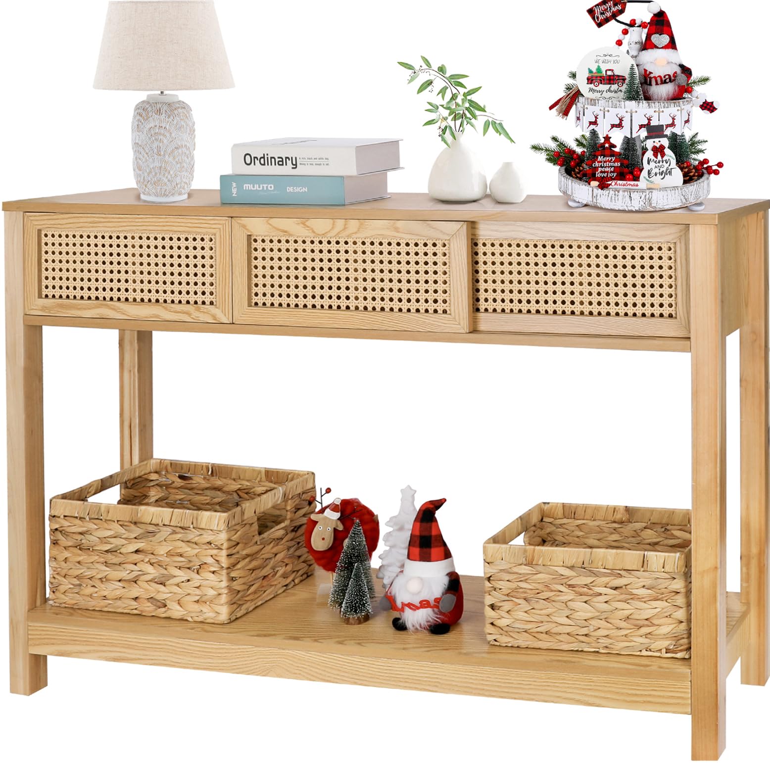 Long Console Table, Console Tables for Entryway, Rattan Entry Table Narrow Wood Console Table with Storage, Modern Couch Table H