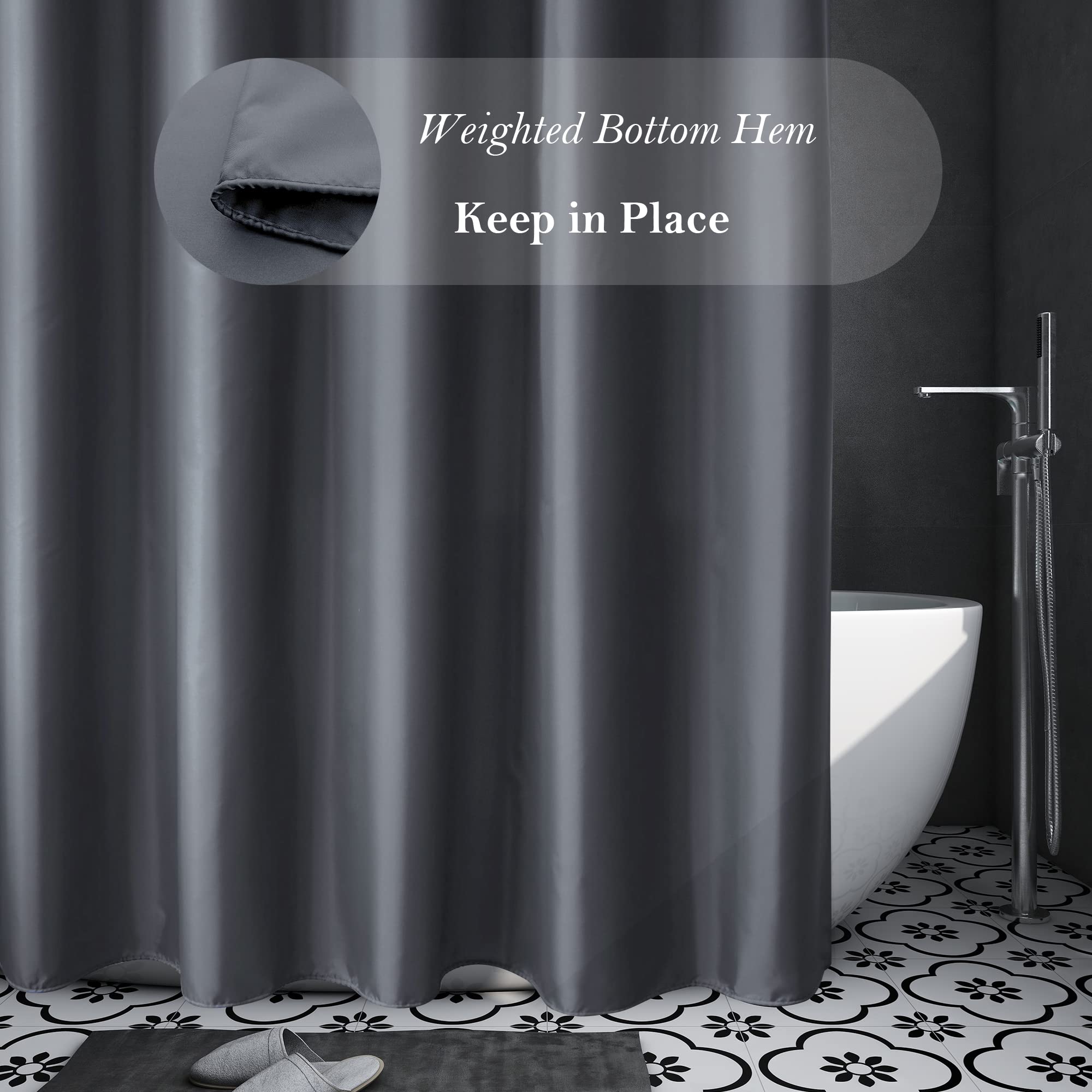 Aoohome Standard Shower Liner, Solid Polyester Fabric Solid Shower Curtain Liner For Hotel With Hooks, Water Repellent, Weighted