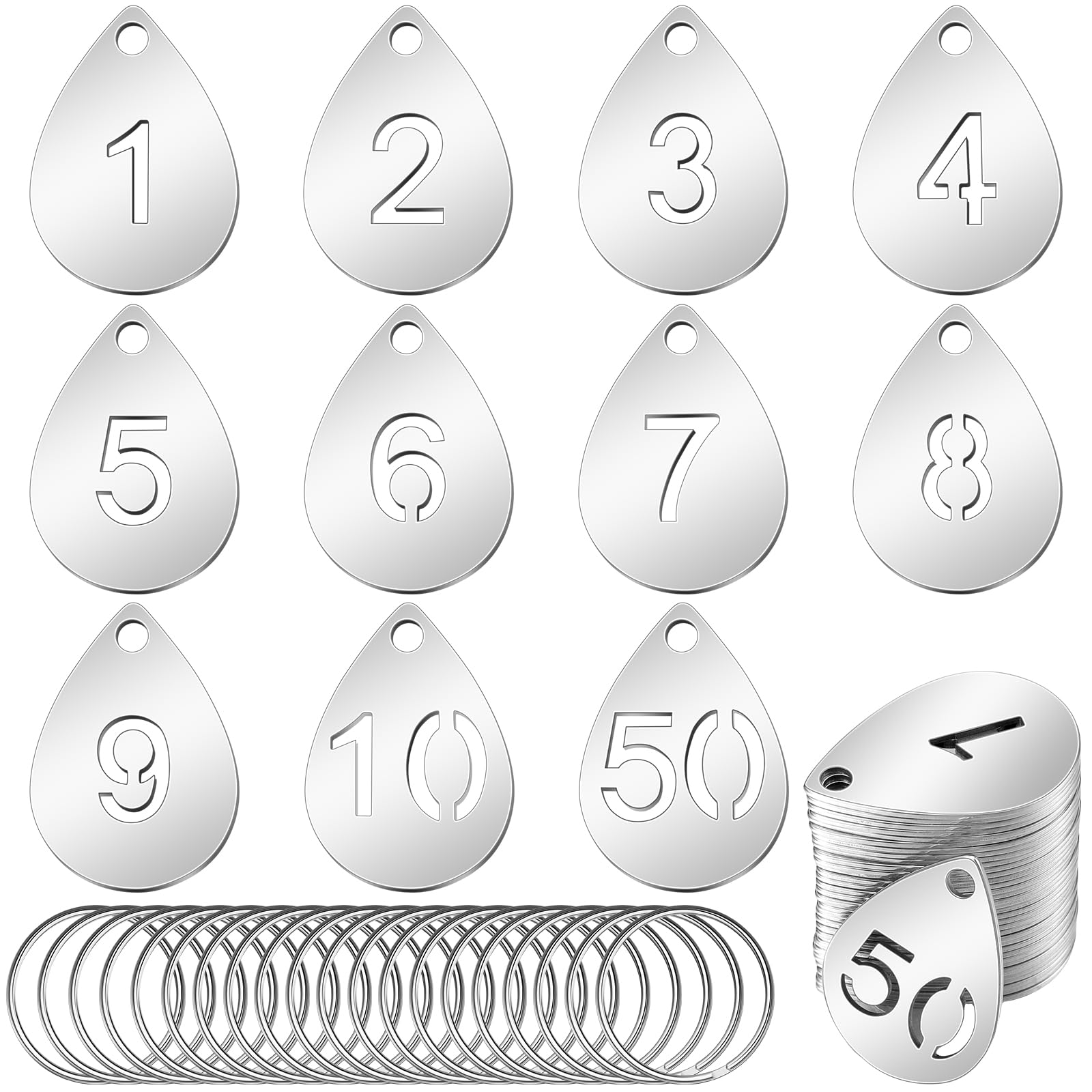 Yaocom 50 Pcs Hollowed Stainless Steel Number Tags Metal Numbered Key Number Id Tags With Key Rings Chain