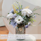 Faux Flowers In Vase, Artificial Flowers In Vase, Table Centerpieces For Dining Room, Silk Dusty Blue Rose Flower Centerpieces F