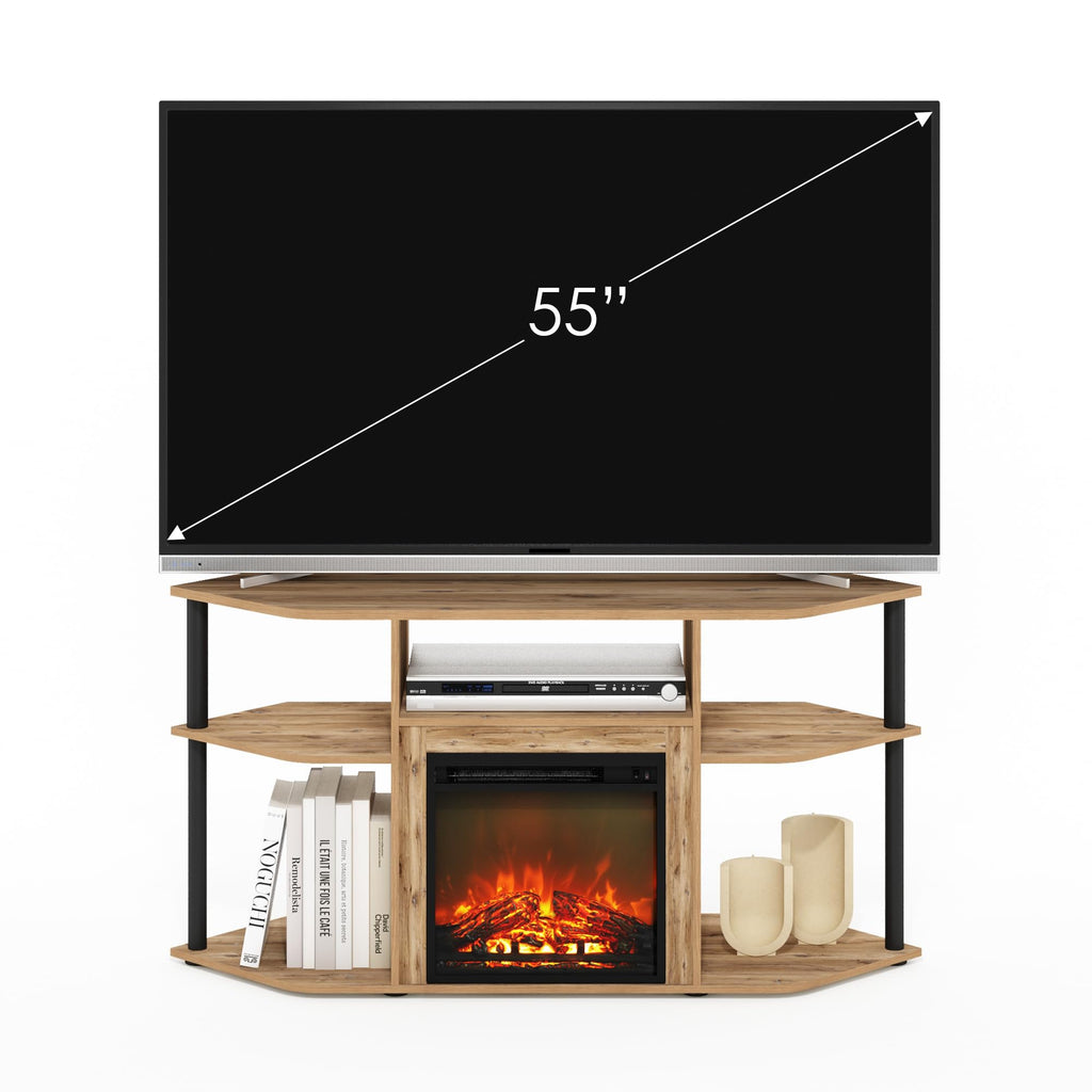 Furinno Jensen Open Storage Corner Fireplace TV Entertainment Center with Plastic Poles for TV up to 55 Inch, Flagstaff Oak/Black