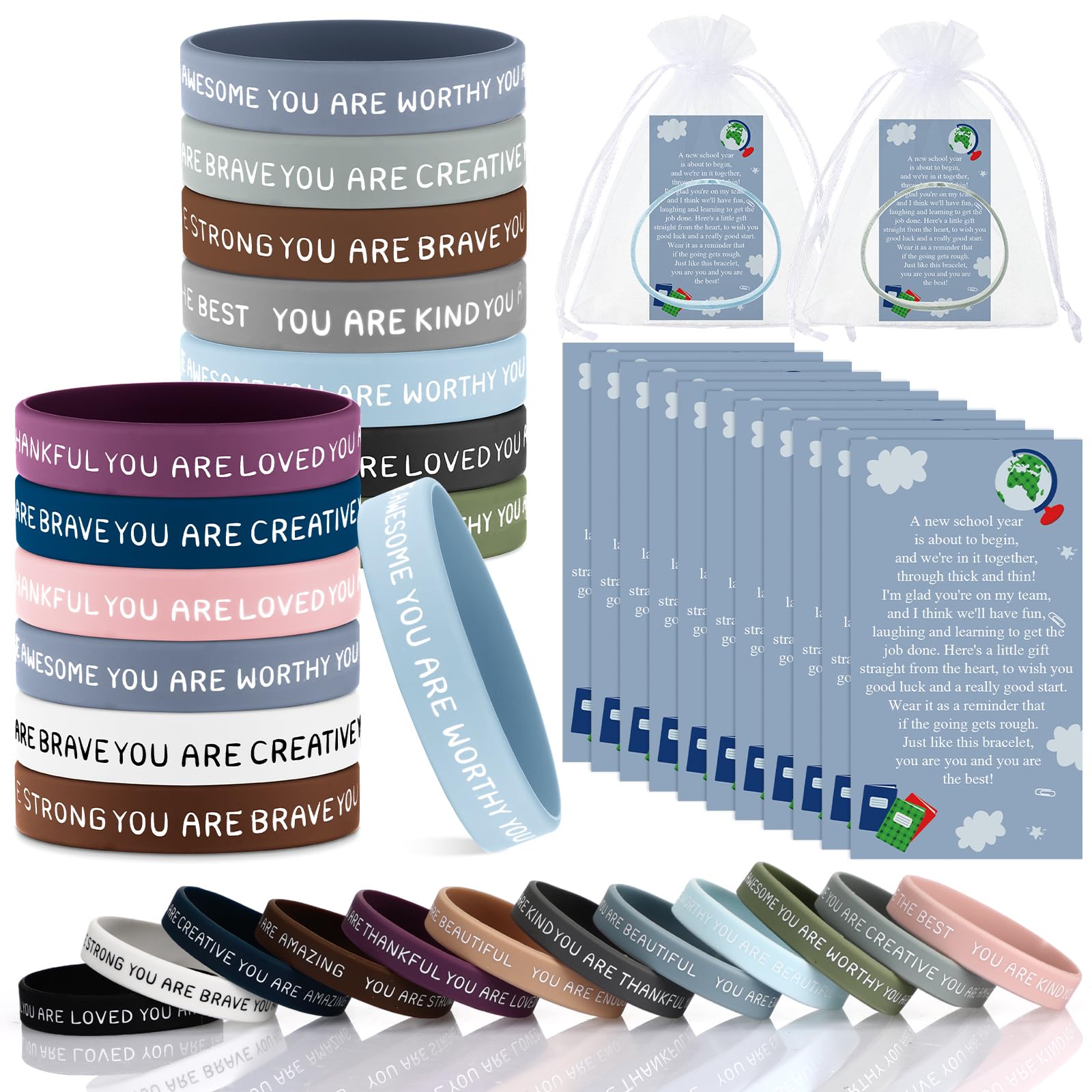 Roowest 36 Set Motivational Silicone Wristbands Bulk Back To School Gifts For Student Colored Inspirational Rubber Bands With Ca