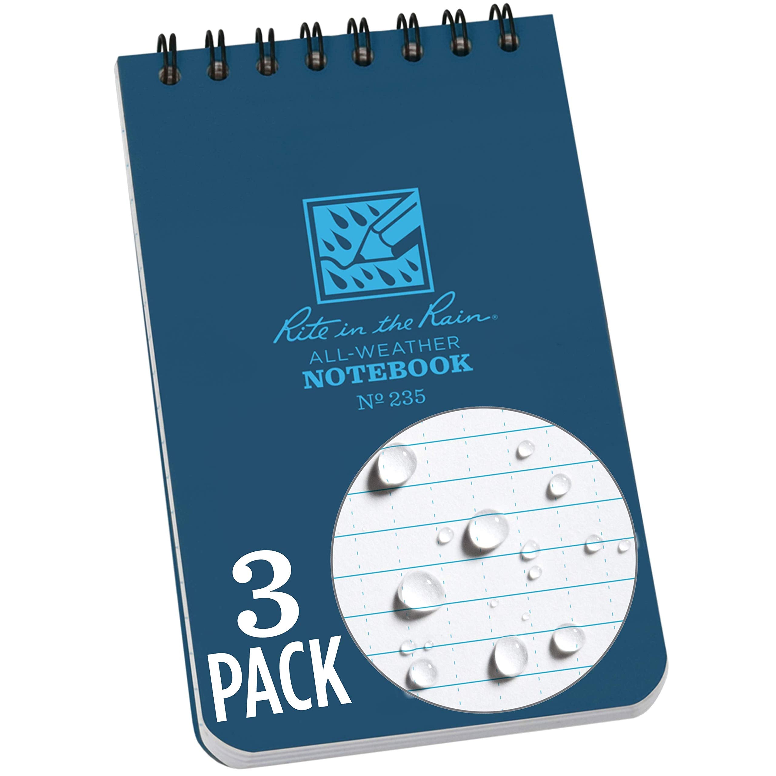 Rite In The Rain Weatherproof Top Spiral Notebook, 3' X 5', Blue Cover, Universal Pattern, 3 Pack (No. 235-3)