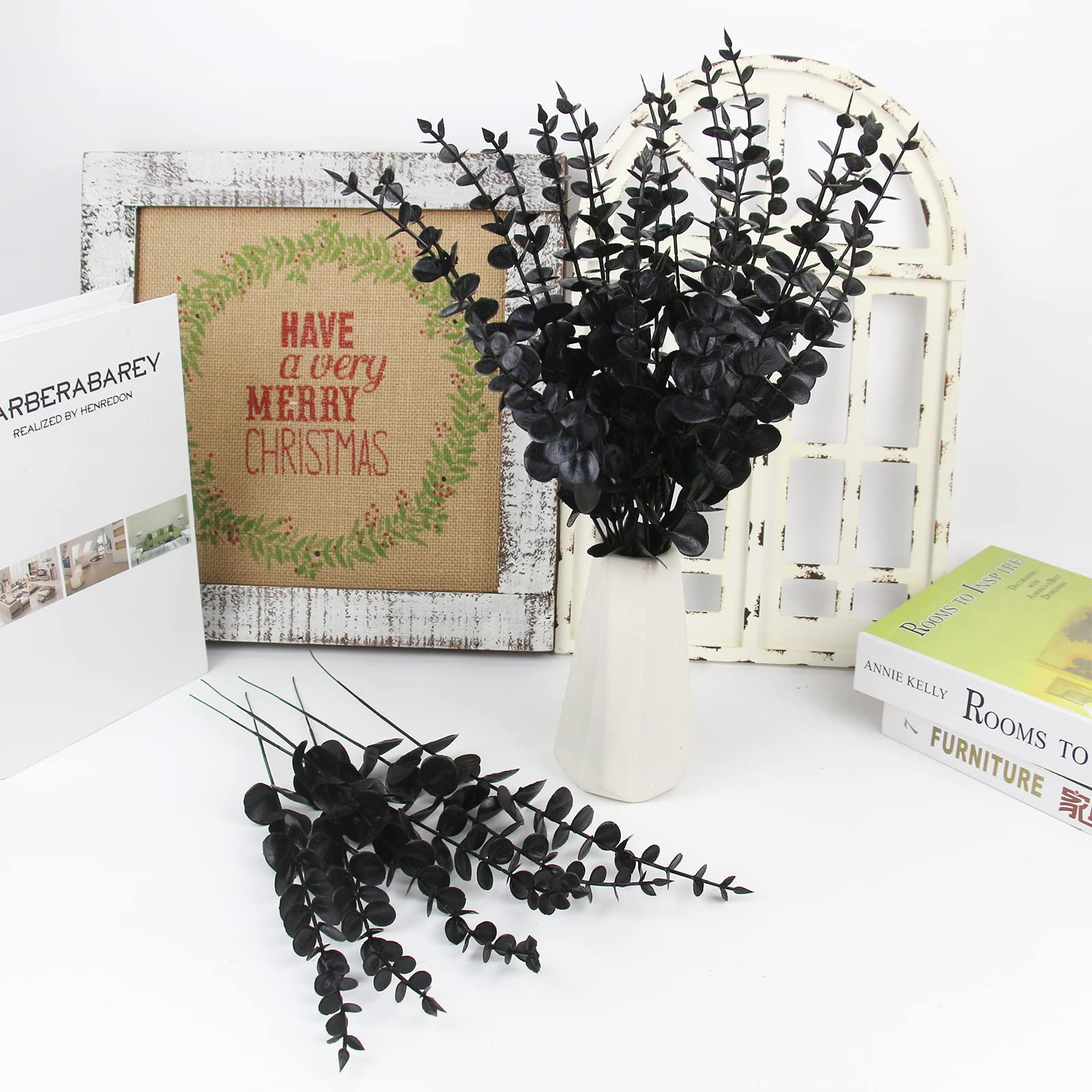Tinsow 26 Pcs Black Artificial Eucalyptus Stems Faux Halloween Flowers Eucalyptuses Real Touch Leaf Centerpiece Home Decor (26,