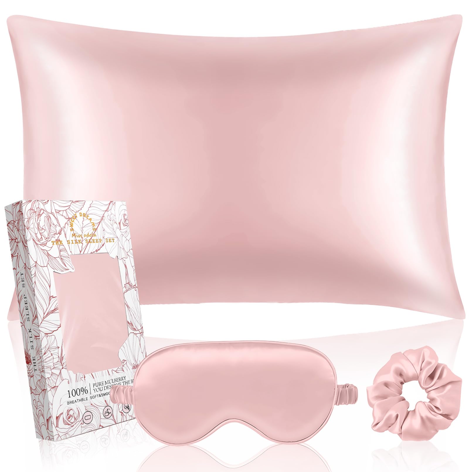 Miss Adola 1Pack Mulberry Silk Pillow Case for Hair and Skin Standard 26x20 Silk Pillowcase with Eye Mask & Scrunchie Soft Silk 