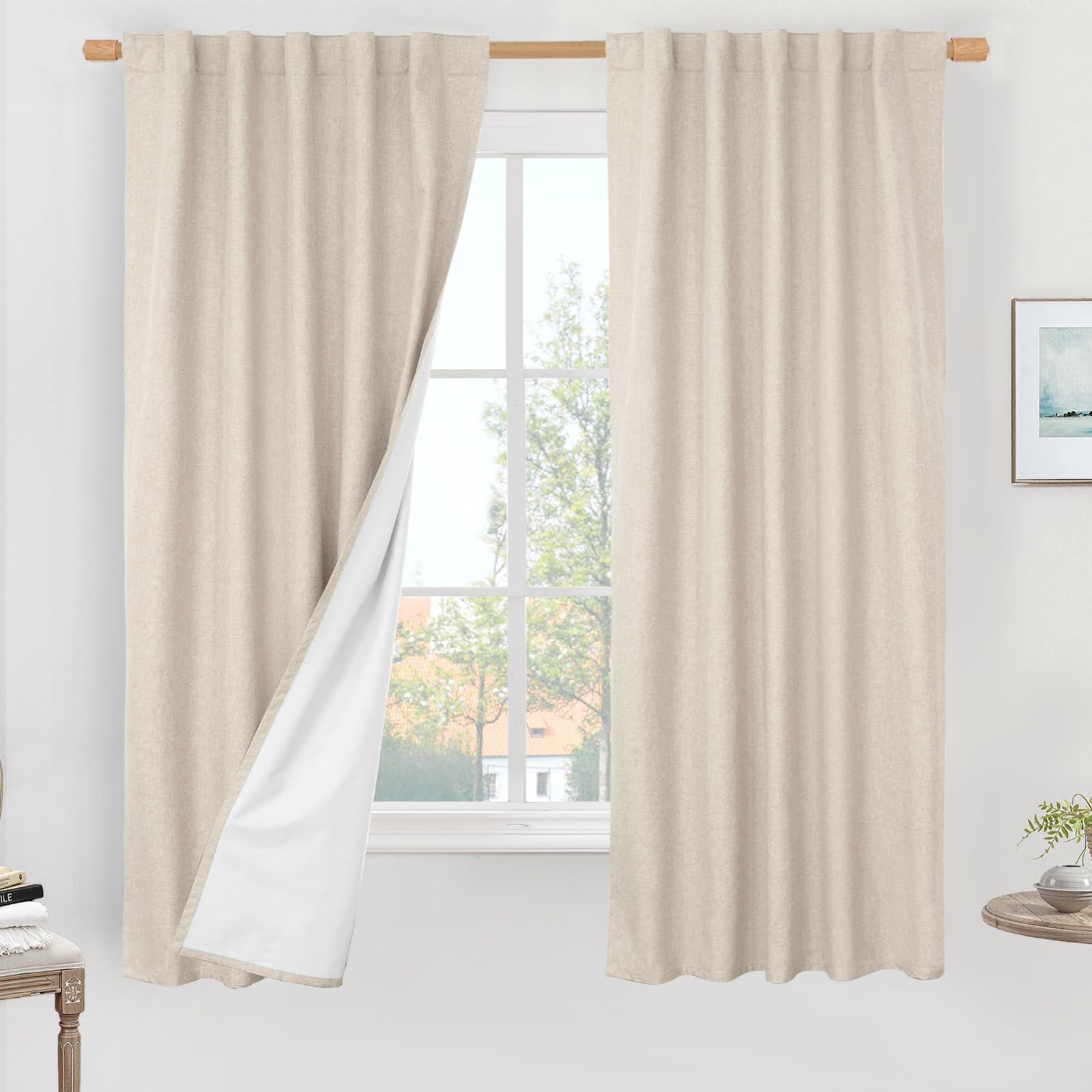LAMIT 100% Blackout Linen Curtains 63 Inch Length, Linen Textured Thermal Bedroom Drapes Back Tab and Rod Pocket Neutral Panels 