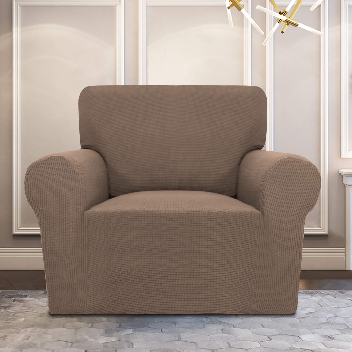 Purefit Stretch Chair Sofa Slipcover – Spandex Jacquard Non Slip Soft Couch Sofa Cover, Washable Furniture Protector With Non Skid Foam And Elastic Bottom For Kids (Chair, Camel)