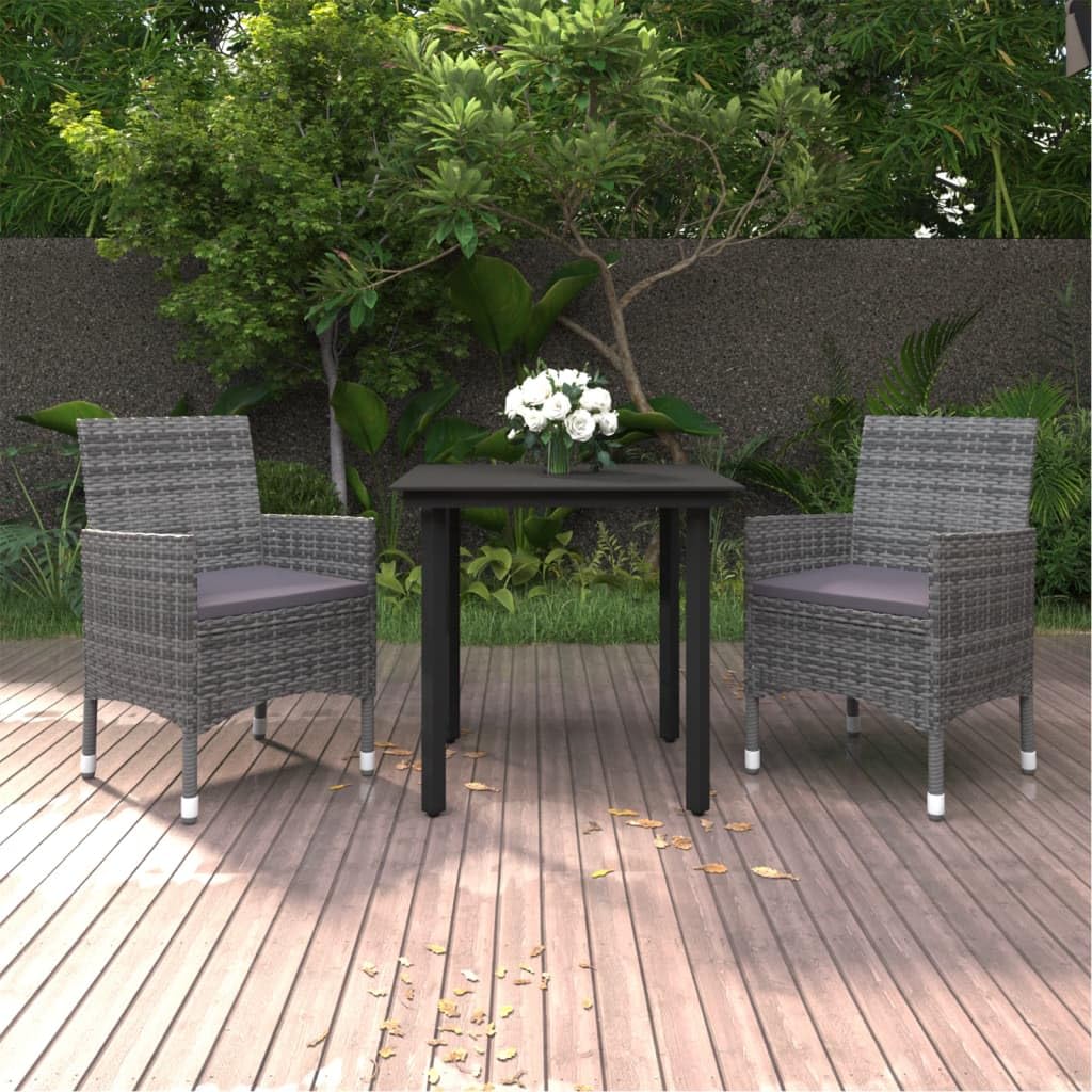 vidaXL 3 Piece Outdoor Dining Set with Cushions - Patio Furniture in Gray Poly Rattan and Black Glass Top, Weather-Resistant & Easy Clean