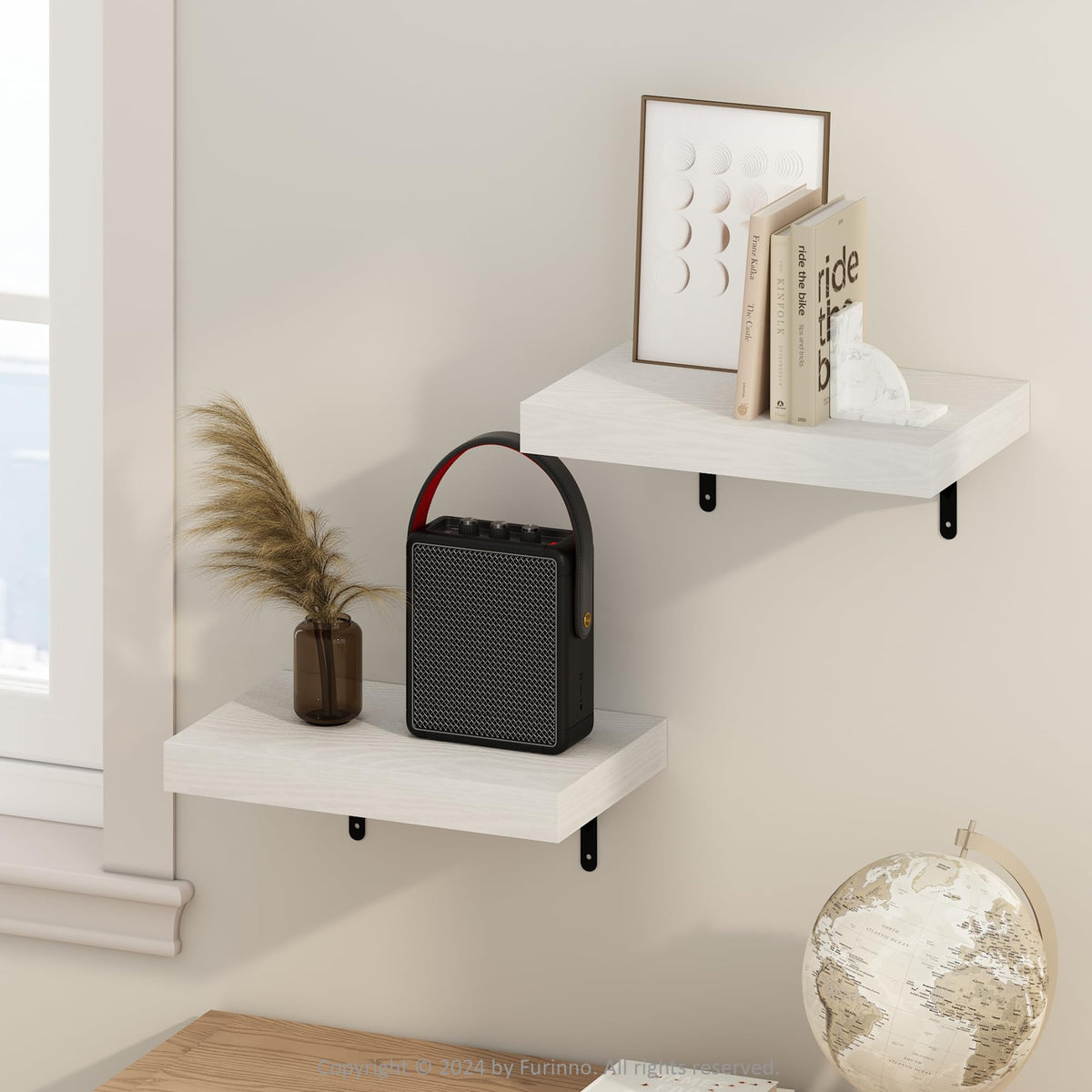 Furinno Tanna 15-Inch Wall Mounted Floating Display Shelves, White Texture, Set of 2