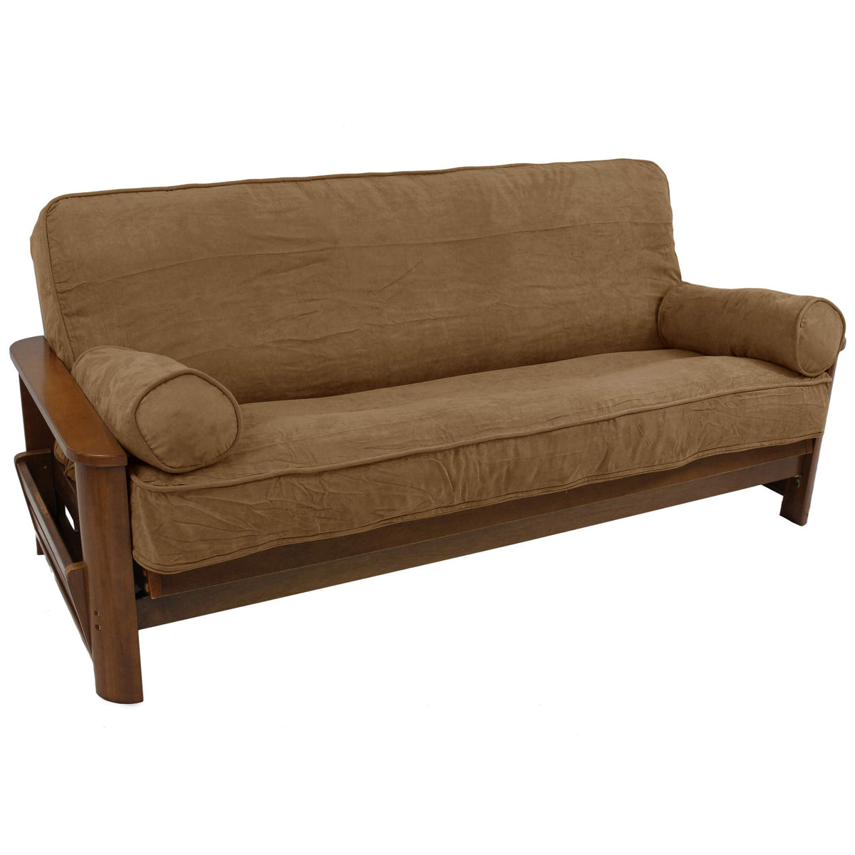 Blazing Needles Solid Microsuede Double Corded 8 Inch  To 9 Inch  Futon Cover Set With 2 Bolster Pillows (Set Of 3), Full, Saddle Brown