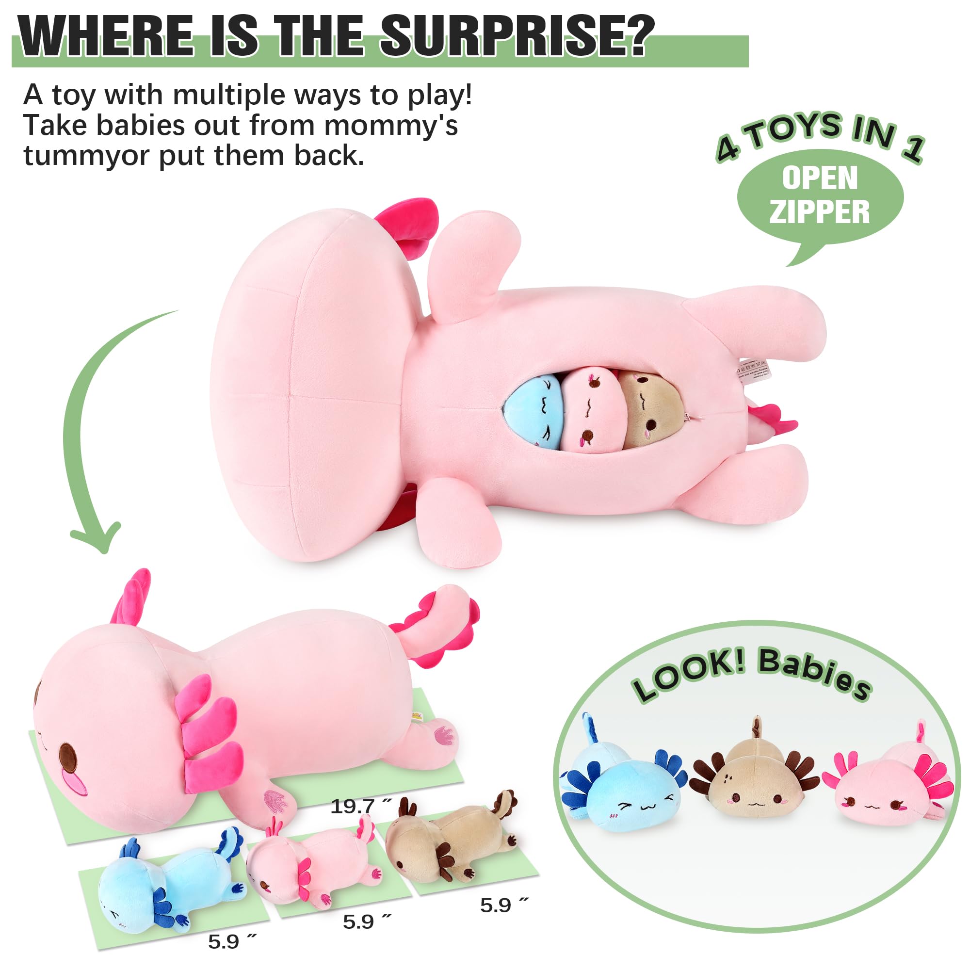 Onsoyours Axolotl Stuffed Animal Mommy 19.7" with 3 Baby Axolotls Plush Pillow Toys, Pink, Polyester