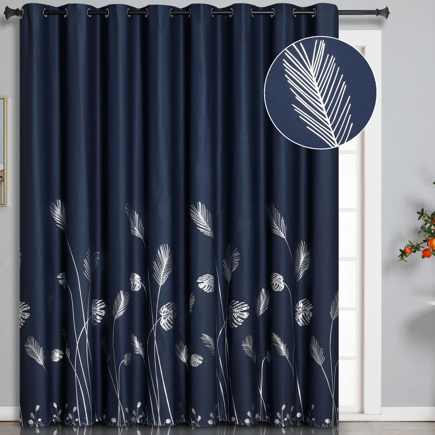 Estelar Textiler Navy Blue Blackout Curtain Extra Wide For Sliding Door 120W X 108L Inch Curtain With Silver Palm Tree Printed L