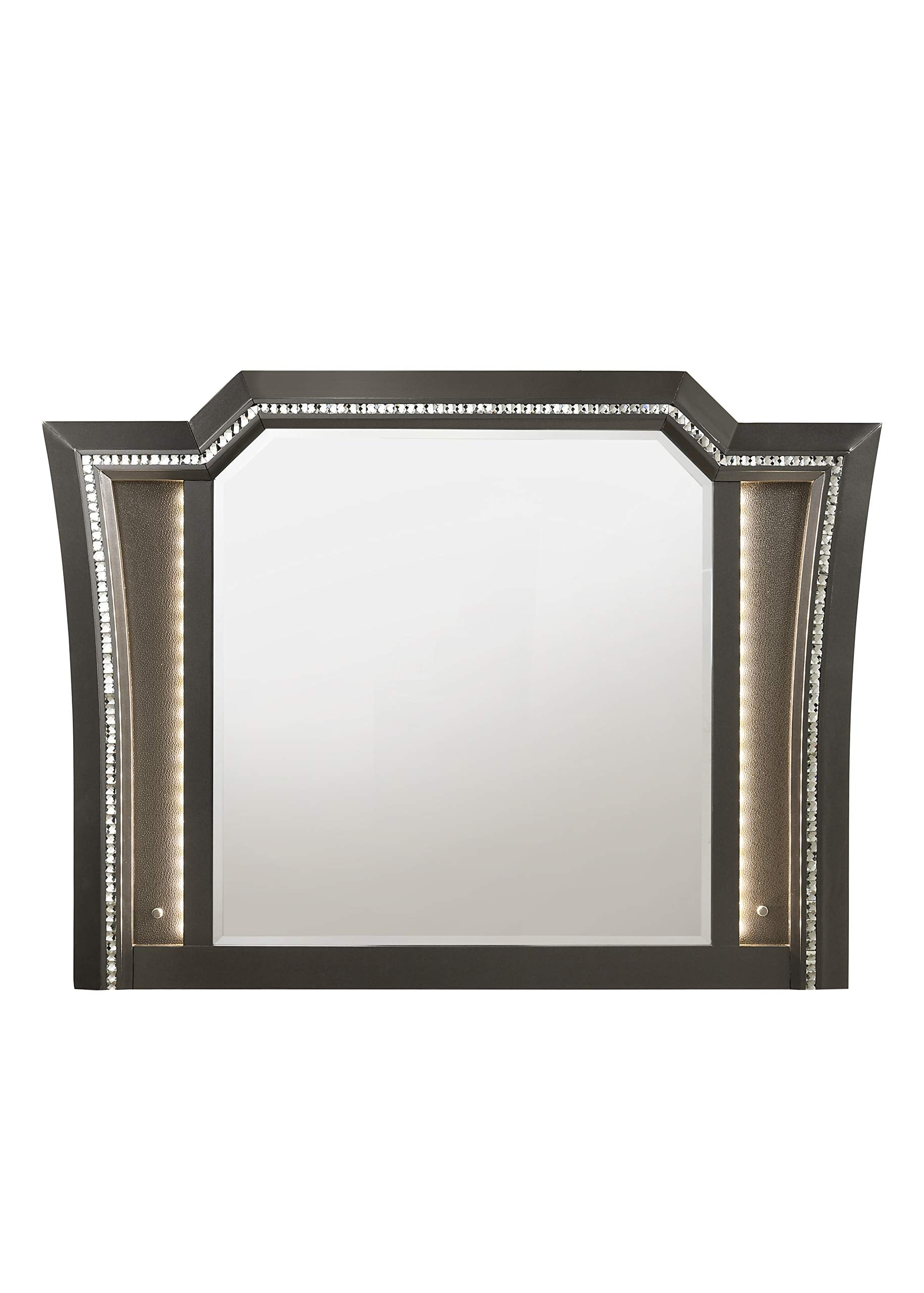 Benjara, Gray Contemporary Style Wooden Decorative Mirror with LED Lights