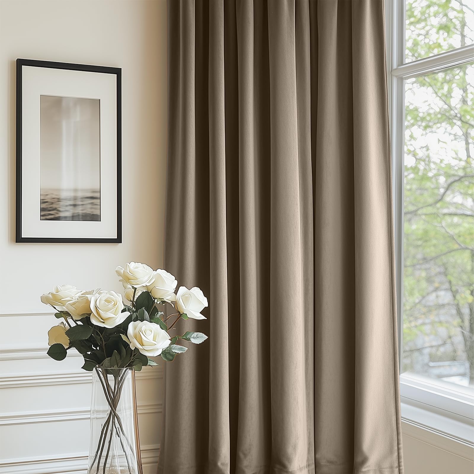 Lazzzy Tan Velvet Curtains Room Darkening Thermal Insulated Curtains 108 Inch Length Soundproof Noise Reducing Drapes For Bedroom Living Privacy Home Decor Rod Pocket, 2 Panels