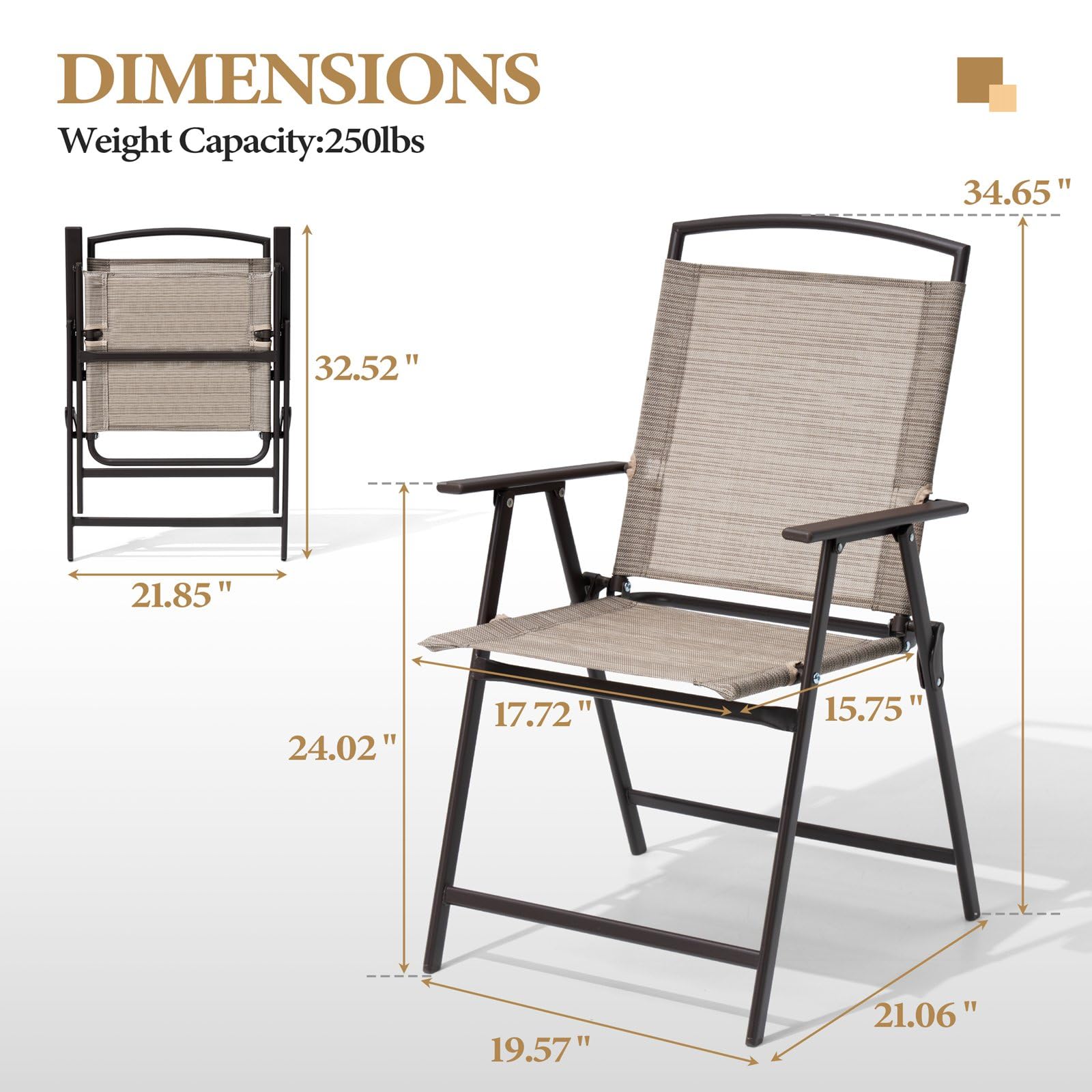 Crestlive Products Set Of 4 Patio Folding Chairs 4-Pack Dining Chairs Outdoor Portable Sling With Armrest For Camping, Beach, Garden, Pool, Backyard, Deck (Beige)