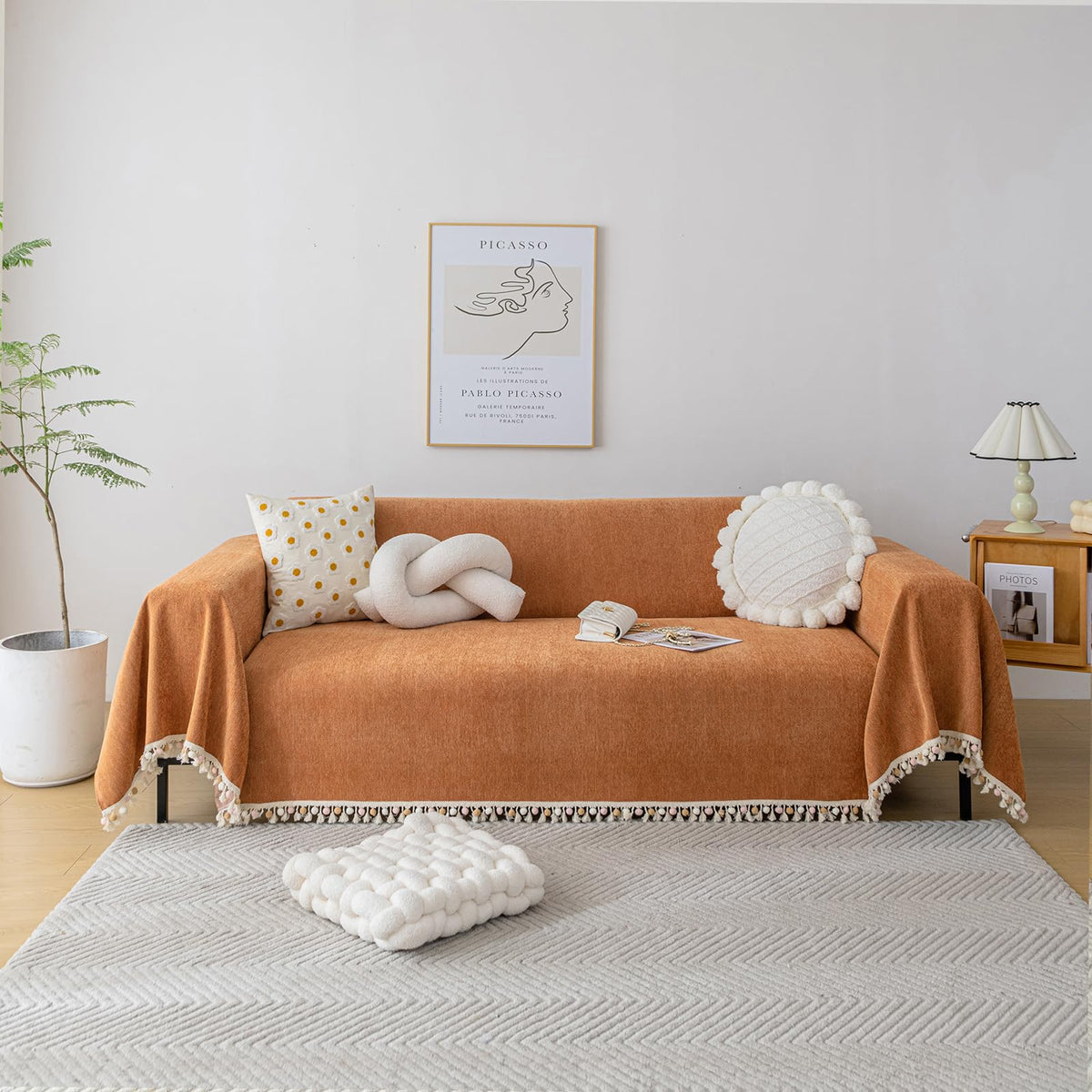 Handontime Dark Orange Sofa Covers Couch Cover For Dogs Colorful Tassel Sofa Seat Cover Lovetseat Cover Pet Couch Cover Bohemian Sofa Cover For Couch Vintage Boho Couch Covers Futon Cover, 71' X118'