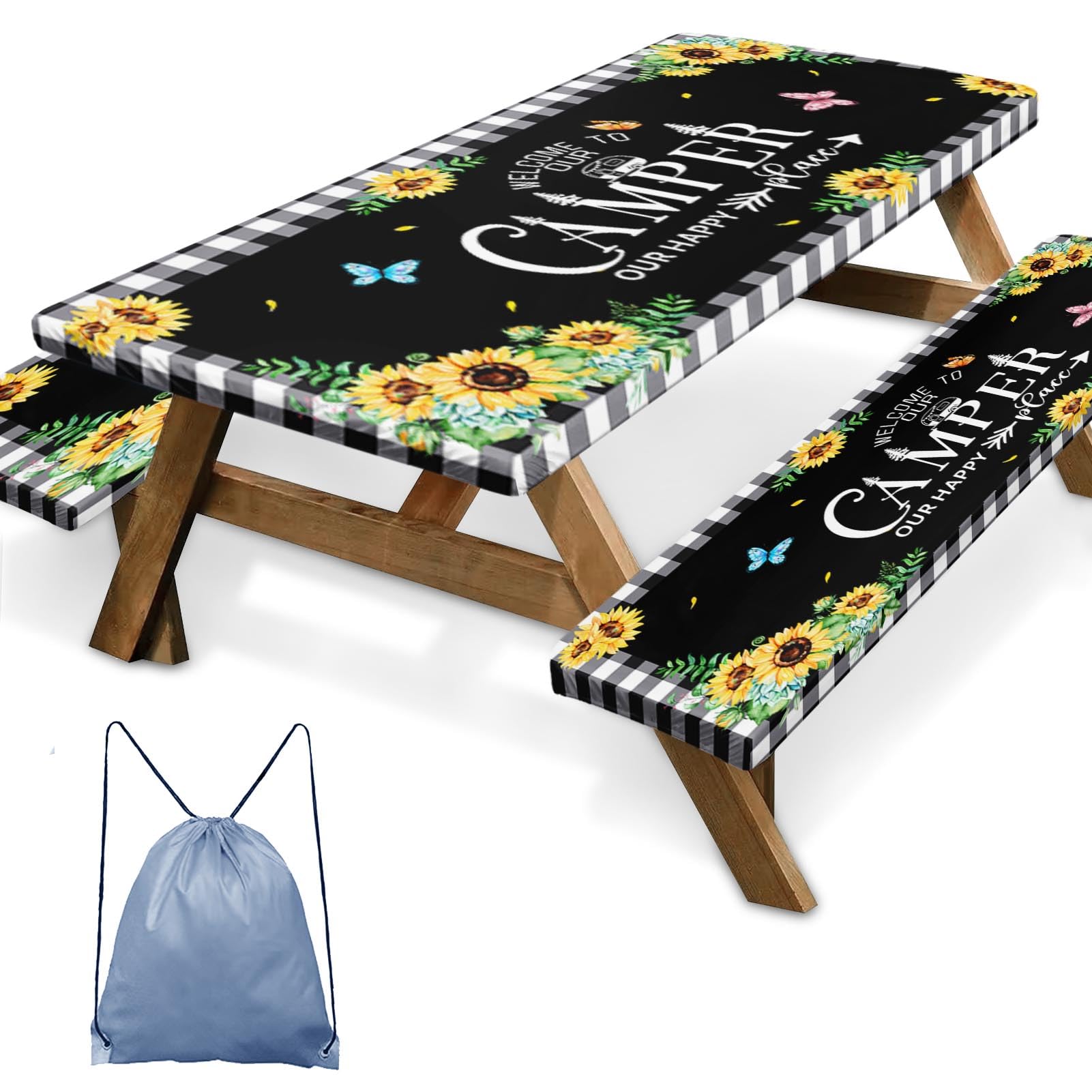 Nesphy Sunflower Picnic Table Cover with Bench Covers, Black Buffalo Plaid Summer Floral Farmhouse Outdoor Camping Essentials 6F