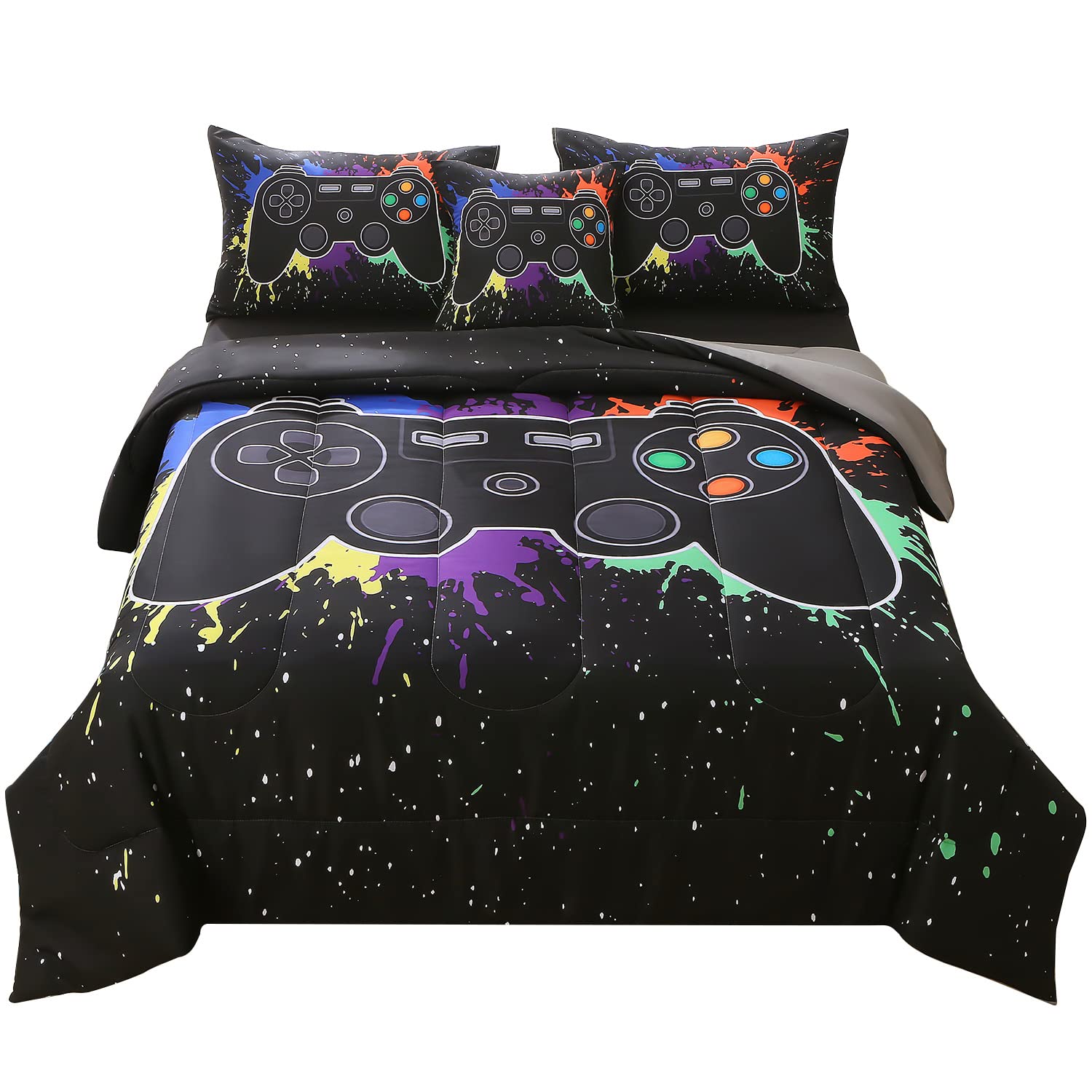 Jqinhome Full Gamer Comforter Sets For Boys, 6 Piece Bed In A Bag 3D Video Game Bedding -All Season Soft Microfiber Gamer Beddin