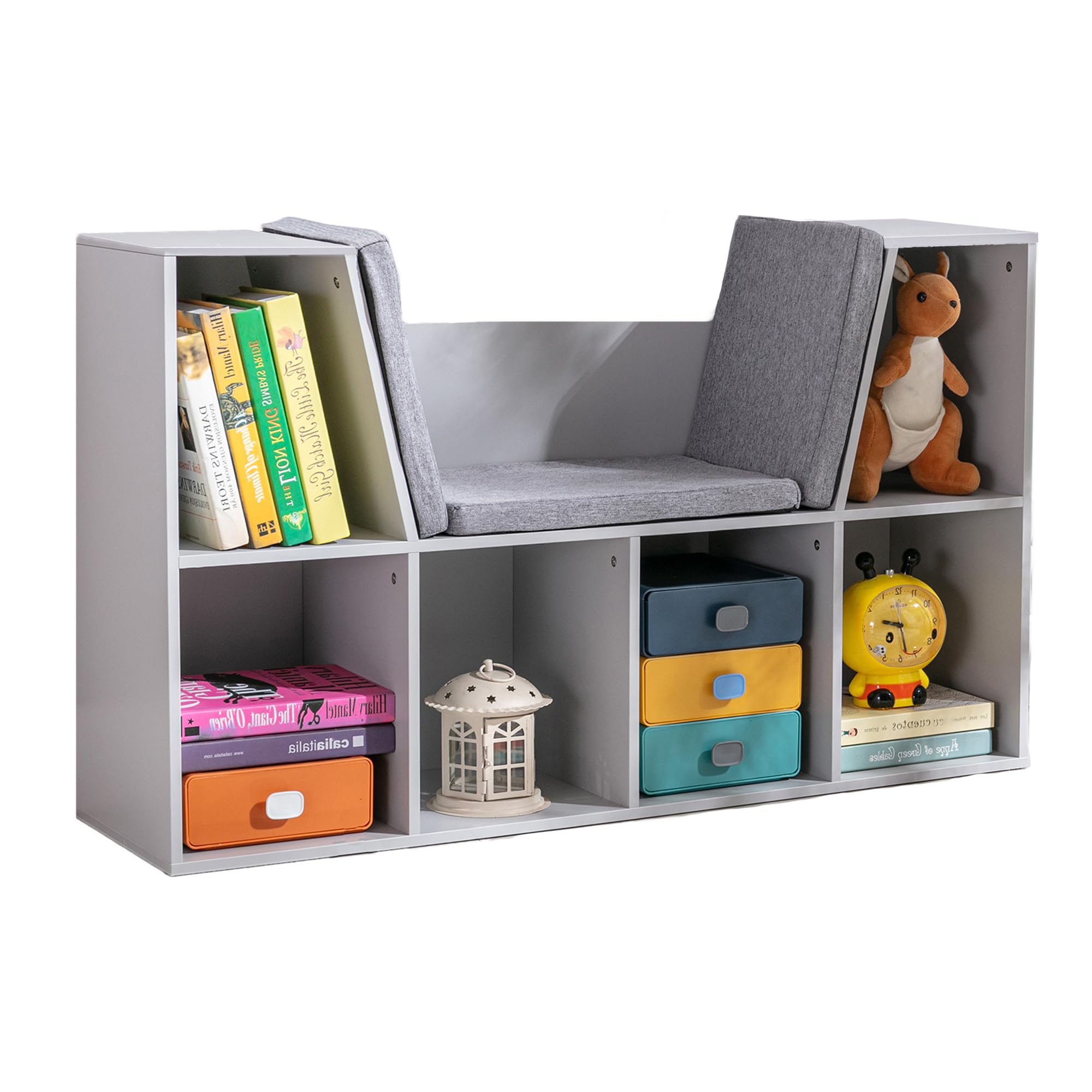 HOMCOM 6-Cubby Kids Bookcase with Reading Nook and Cushion, Multi-Purpose Storage Organizer for Bedroom, Living Room, Grey