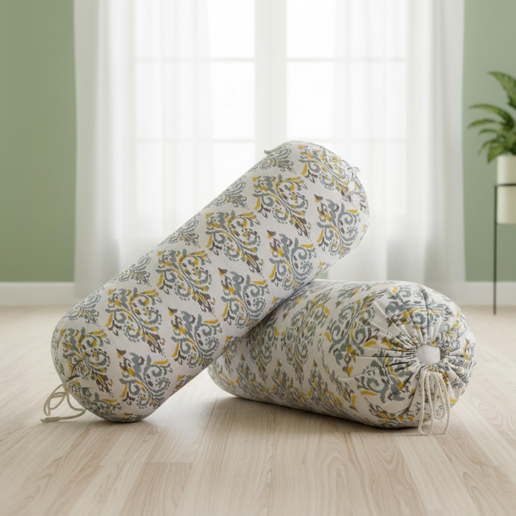 Homemonde Cotton Bolster Round Cushion Covers 16 X 32 Inches For Living Room Decoration (Yellow Ikat), 200 Tc