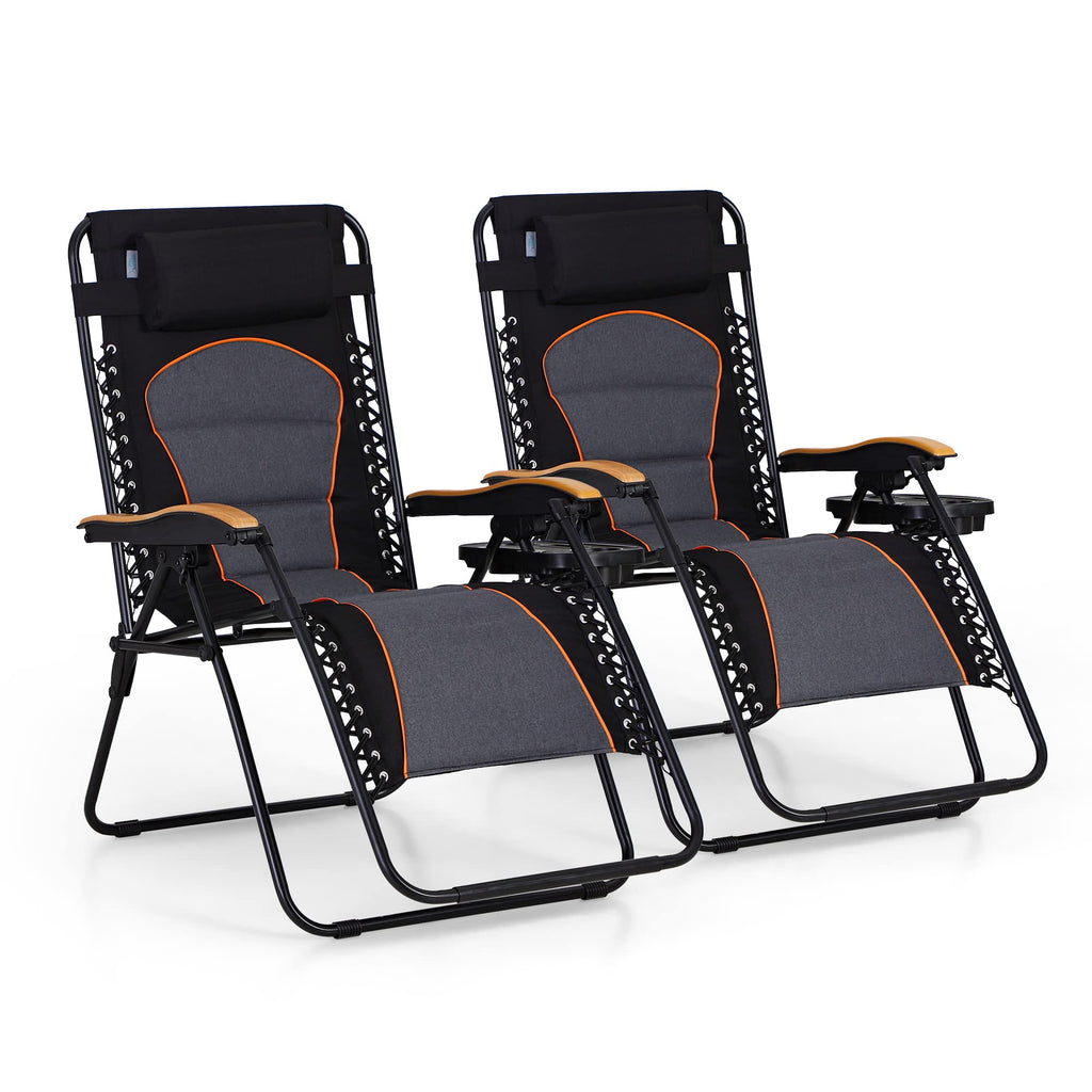 Phi Villa Xxl Oversized Padded Zero Gravity Chair, Foldable Patio Recliner, 30' Wide Seat Anti Gravity Lounger With Cup Holder, Set Of 2, Support 400 Lbs (Black)