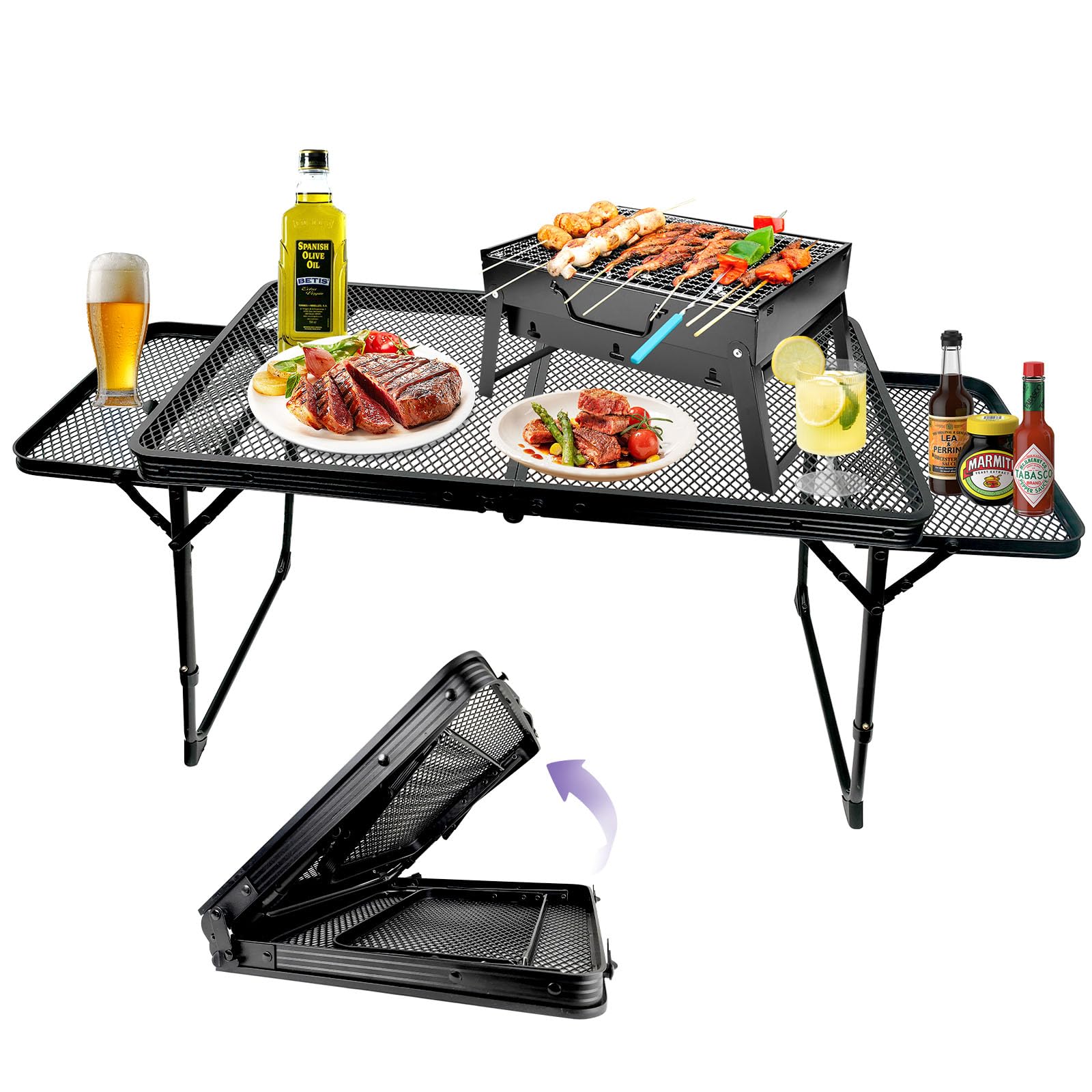 Brian & Dany Folding Grill Table Camping Table, Metal Portable Picnic Table, Lightweight Height Adjustable Foldable Table For Outdoor, Black, 40.16'X15.7'X11.8/14.9'
