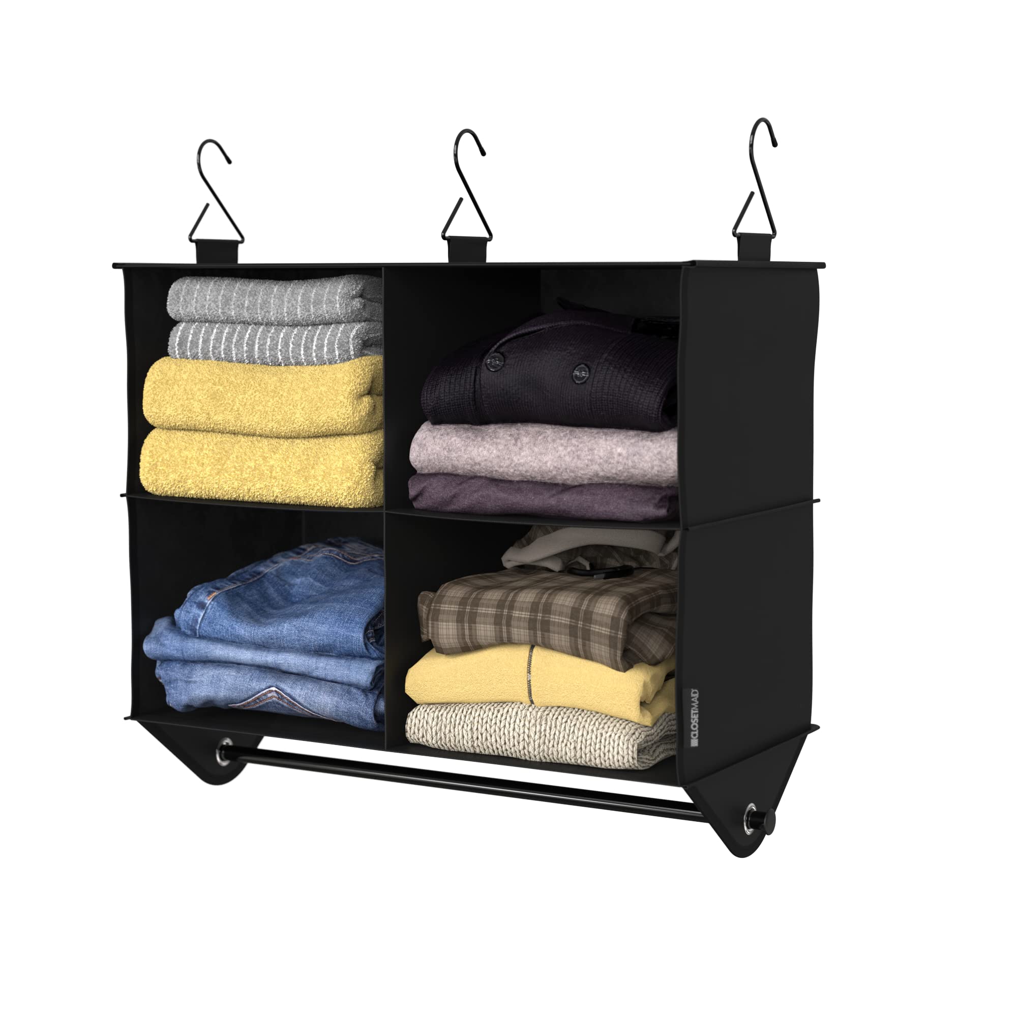 ClosetMaid 4-Shelf Fabric Hanging Closet Organizer with Garment Rod for Shirts, Sweaters, Pants, Hats, Shoes, Purses with Charco