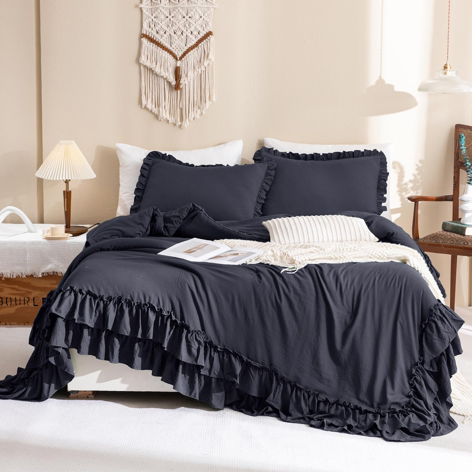 Masaca Dark Gray Ruffled Comforter Set King,Farmhouse Shabby Boho Chic Bedding Comforter Vintage Aesthetic Rustic Bedding 3 Piec