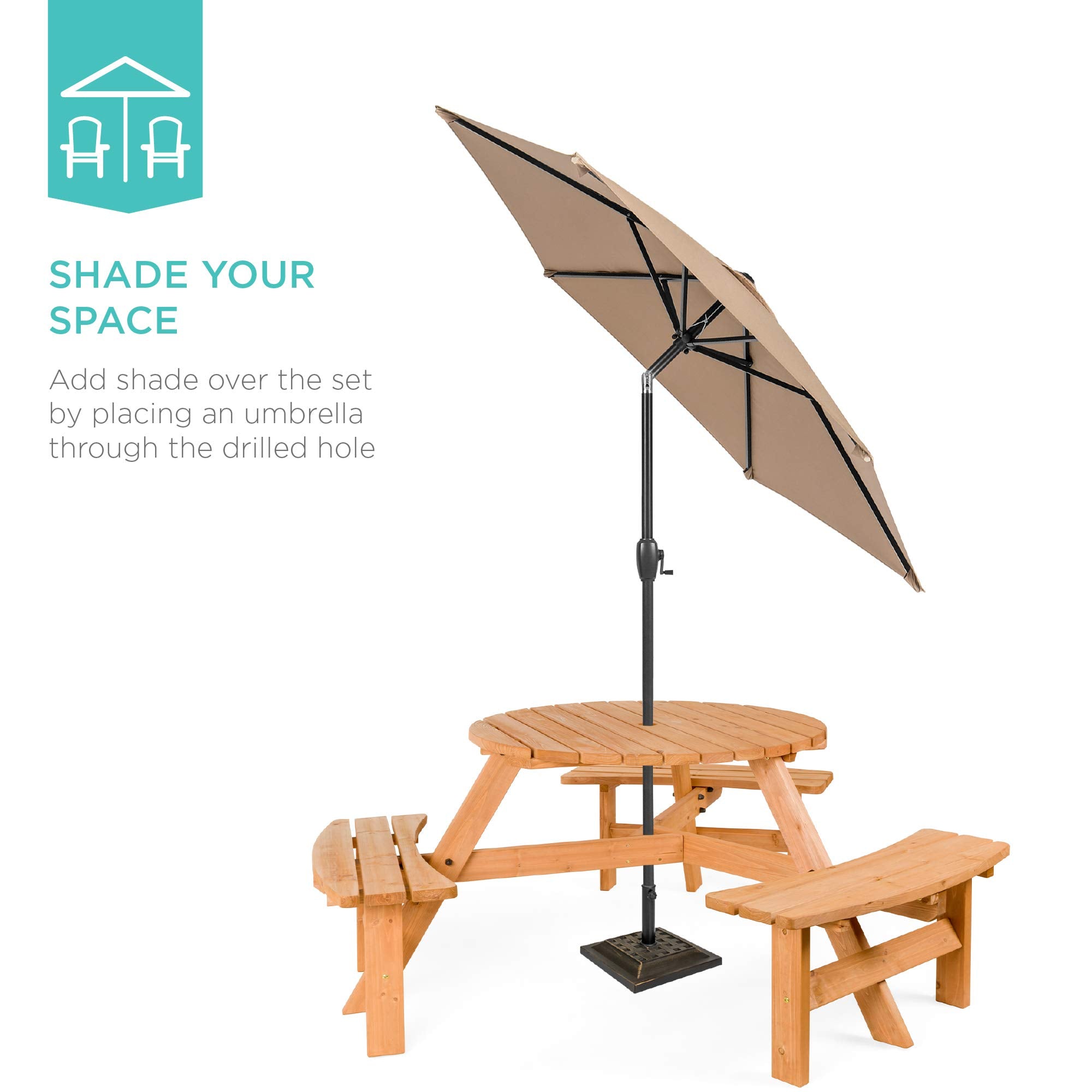Best Choice Products 6-Person Circular Outdoor Wooden Picnic Table For Patio, Backyard, Garden, Diy W/ 3 Built-In Benches, 500Lb Capacity - Natural