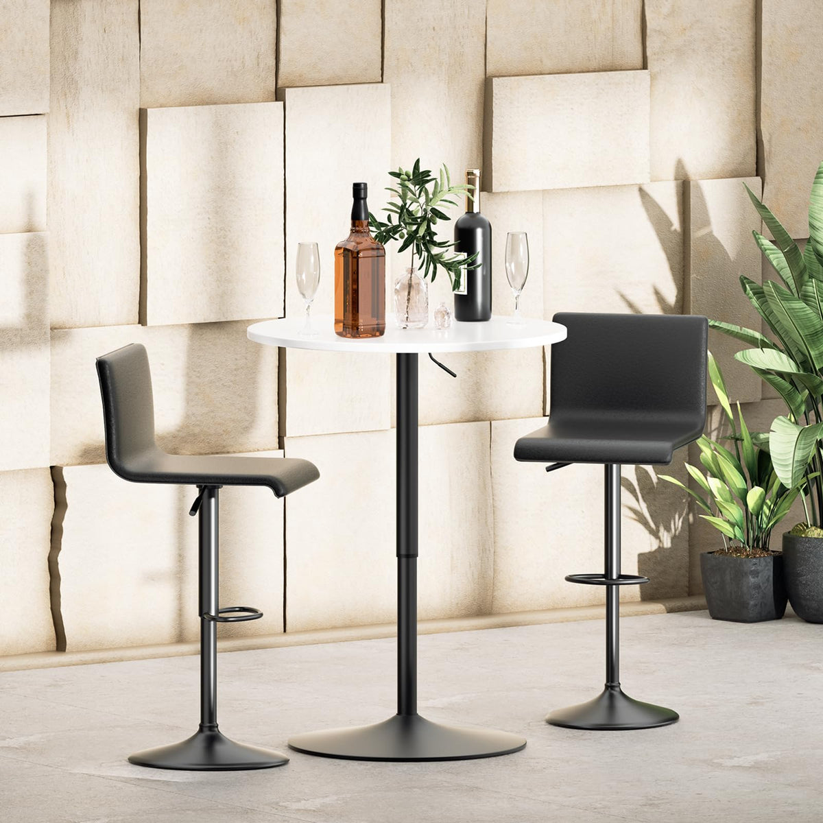 Monibloom Pub Round Table White Wood Texture Top With Metal Base And With Adjustable Height, 23.5' Diameter Modern Cocktail Bistro Table For Dining Bistro Cafe Home Bar (White)