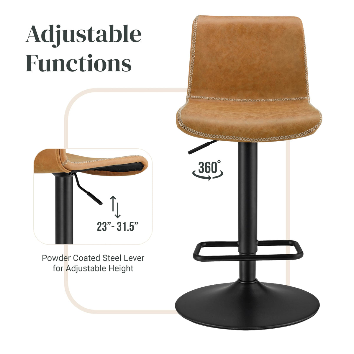 New Pacific Direct Jayden Vintage Cedar Brown PU Leather Low Back Gaslift Bar Stools, Set of 2, Perfect for Home & Kitchen