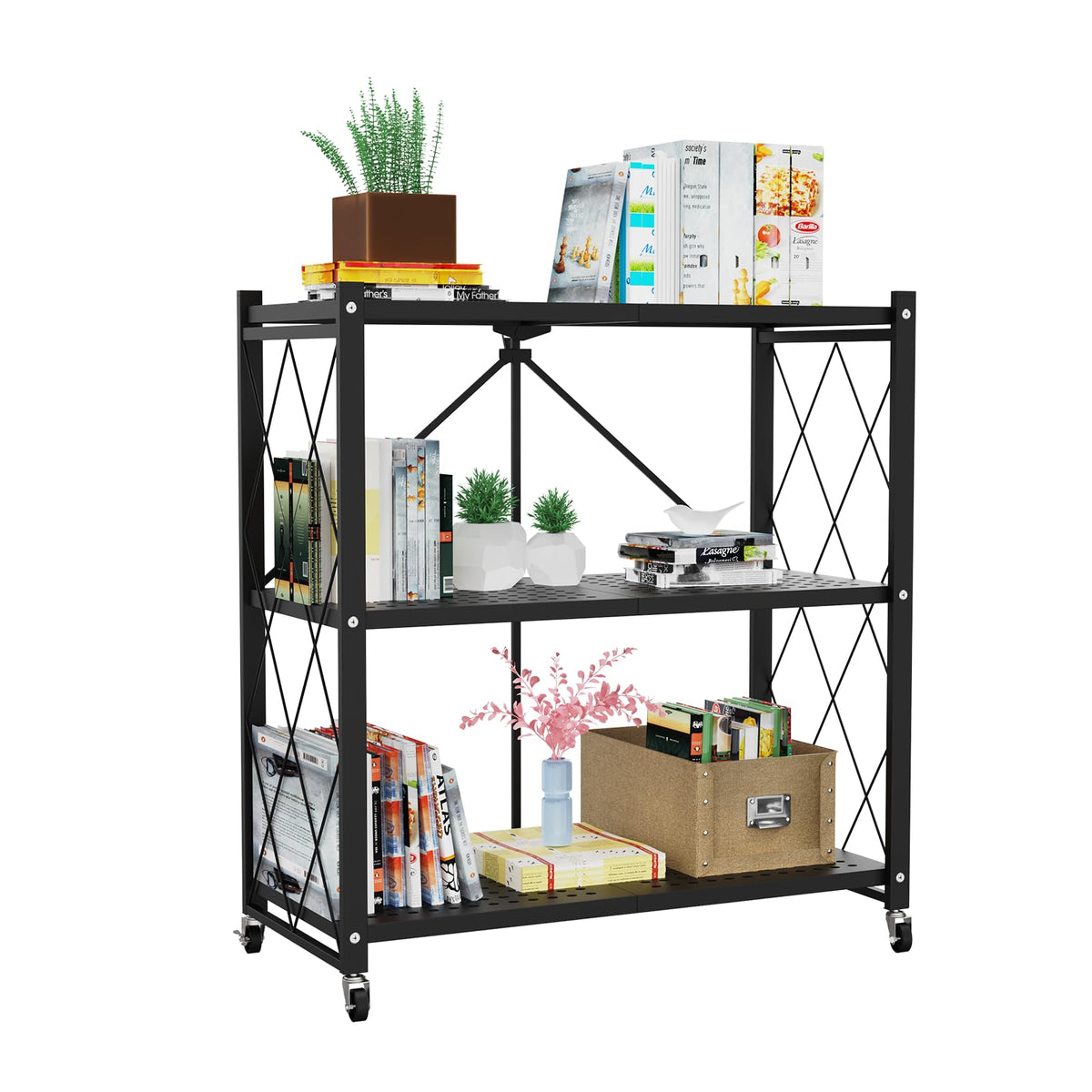 Lifetime Home 3Tier Foldable Storage Shelf With Wheels  Metal Collapsible Shelving Unit Display, Rolling Cart For Books Kitche