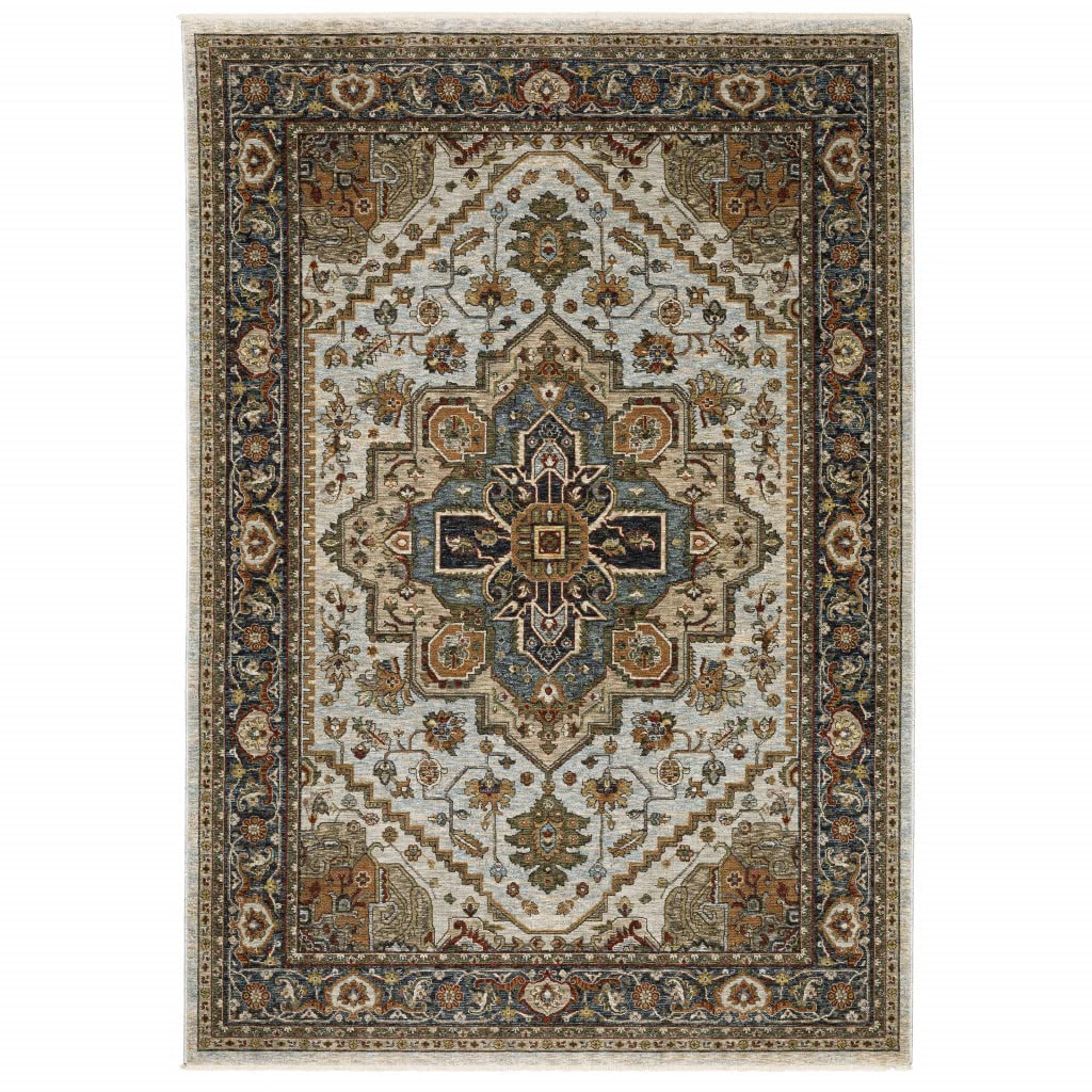 HomeRoots 508077 6 x 9 ft. Ivory Beige Blue Orange Gold Green Gray & Rust Oriental Power Loom Stain Resistant Rectangle Area Rug with Fringe