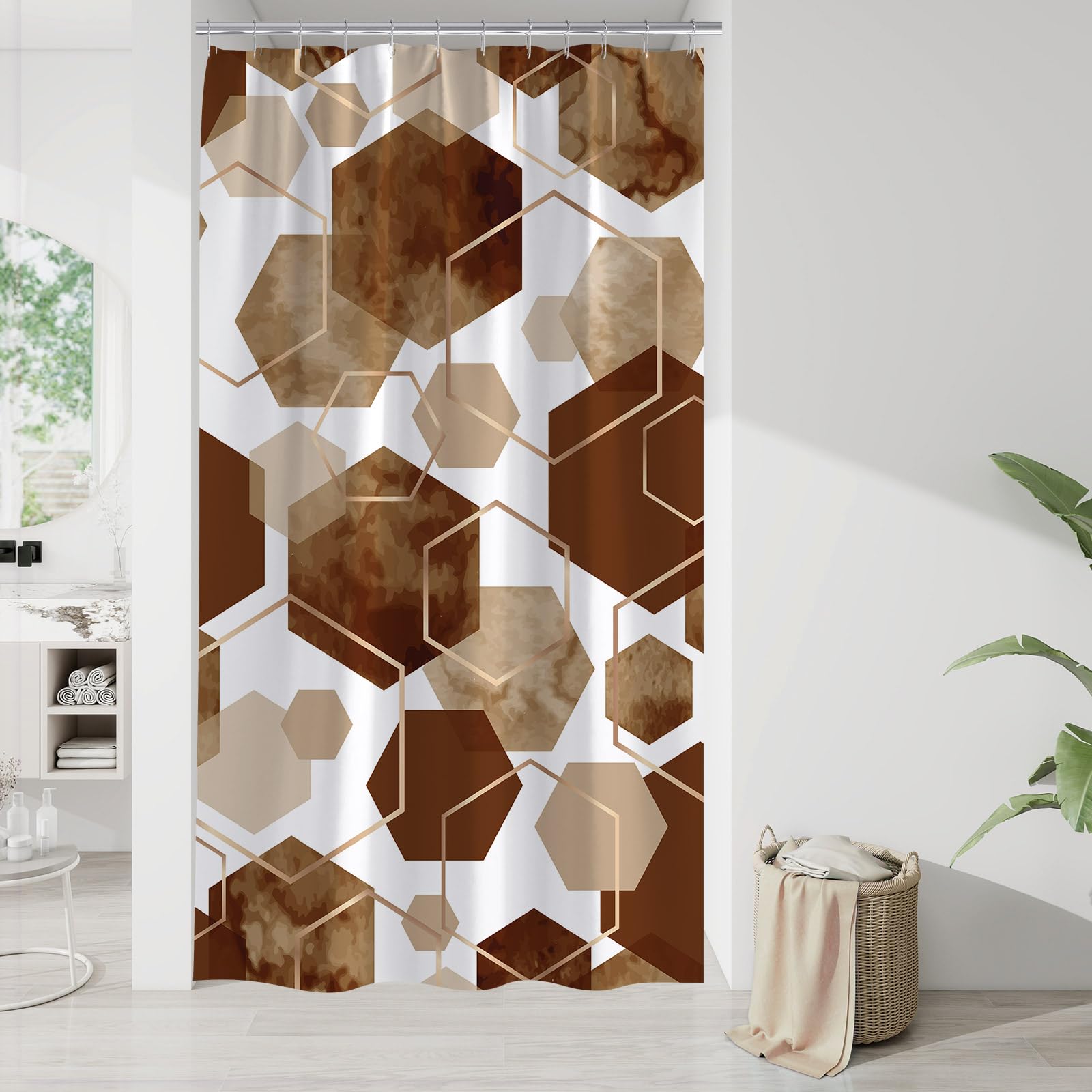 Litabel Modern Small Stall Shower Curtain For Bathroom, Brown Geometric Art Decor Waterproof Bath Curtain, Abstract Fabric Showe
