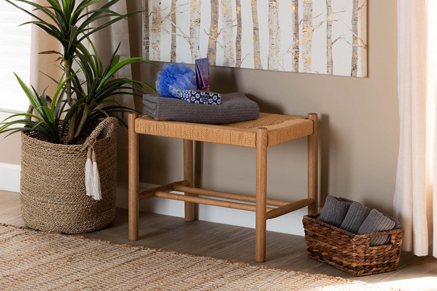 Baxton Studio Saura Mid-Century Modern Oak Brown Finished Wood and Hemp Accent Bench