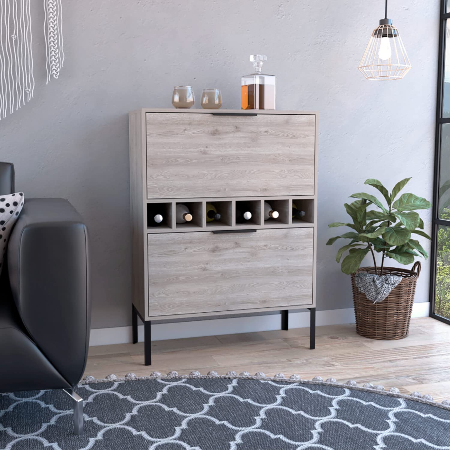 bar-coffee 43"" H, with metal legs, Kitchen or living cabinet with 1 upper swing door drawer, 2 cup holders inside, 1 central shelf, and 1 lower divided drawer, ligh gray