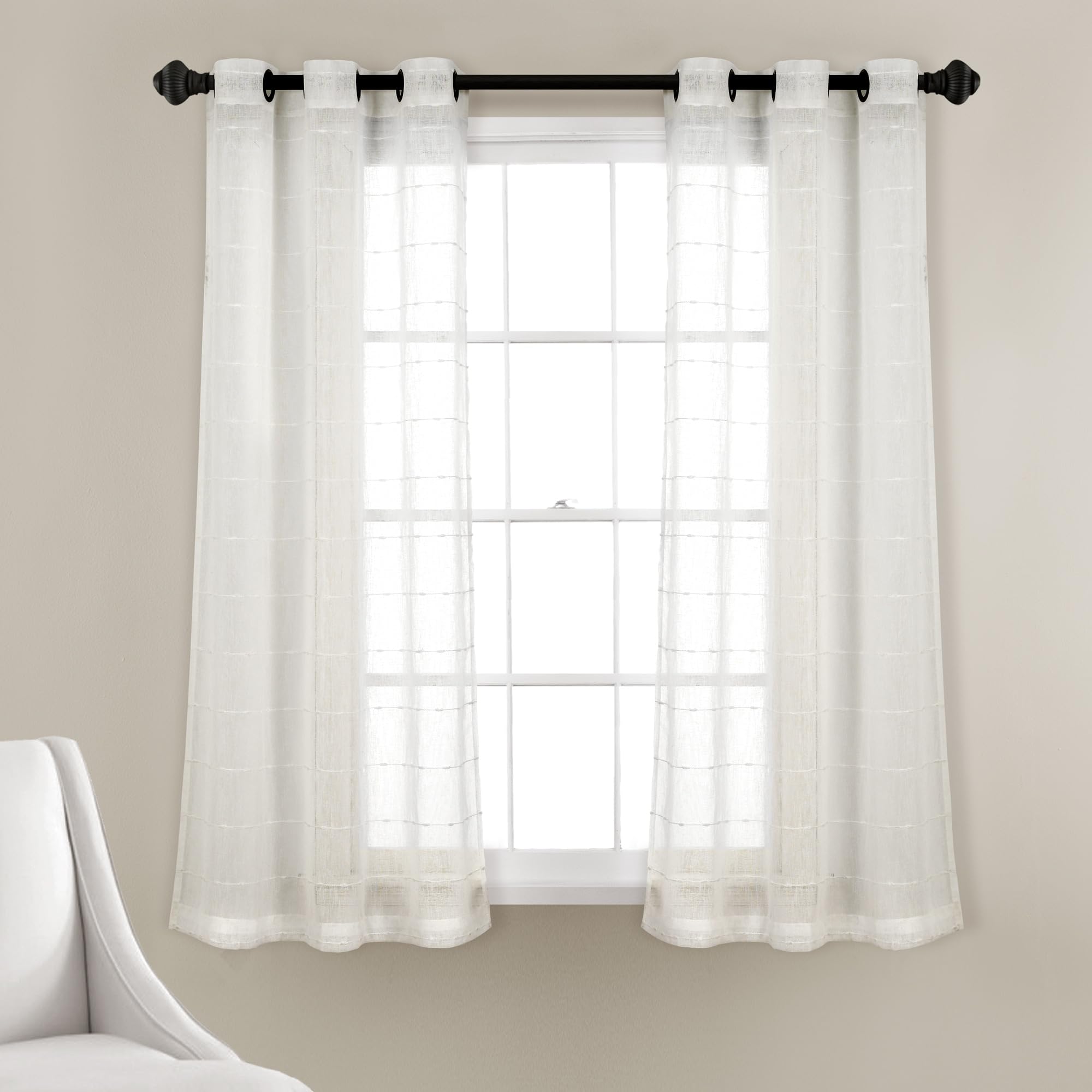 Lush Decor Farmhouse Textured Grommet Sheer Window Curtain Panel Pair, 38'W X 63'L, White