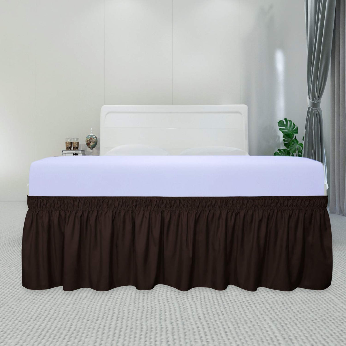 Purefit Wrap Around Ruffled Bed Skirt With Adjustable Elastic Belt - 18 Inch Drop Easy To Put On, Wrinkle Free Bedskirt Dust Ruffles, Bed Frame Cover For Twin,Twin Xl And Full Size Beds, Chocolate