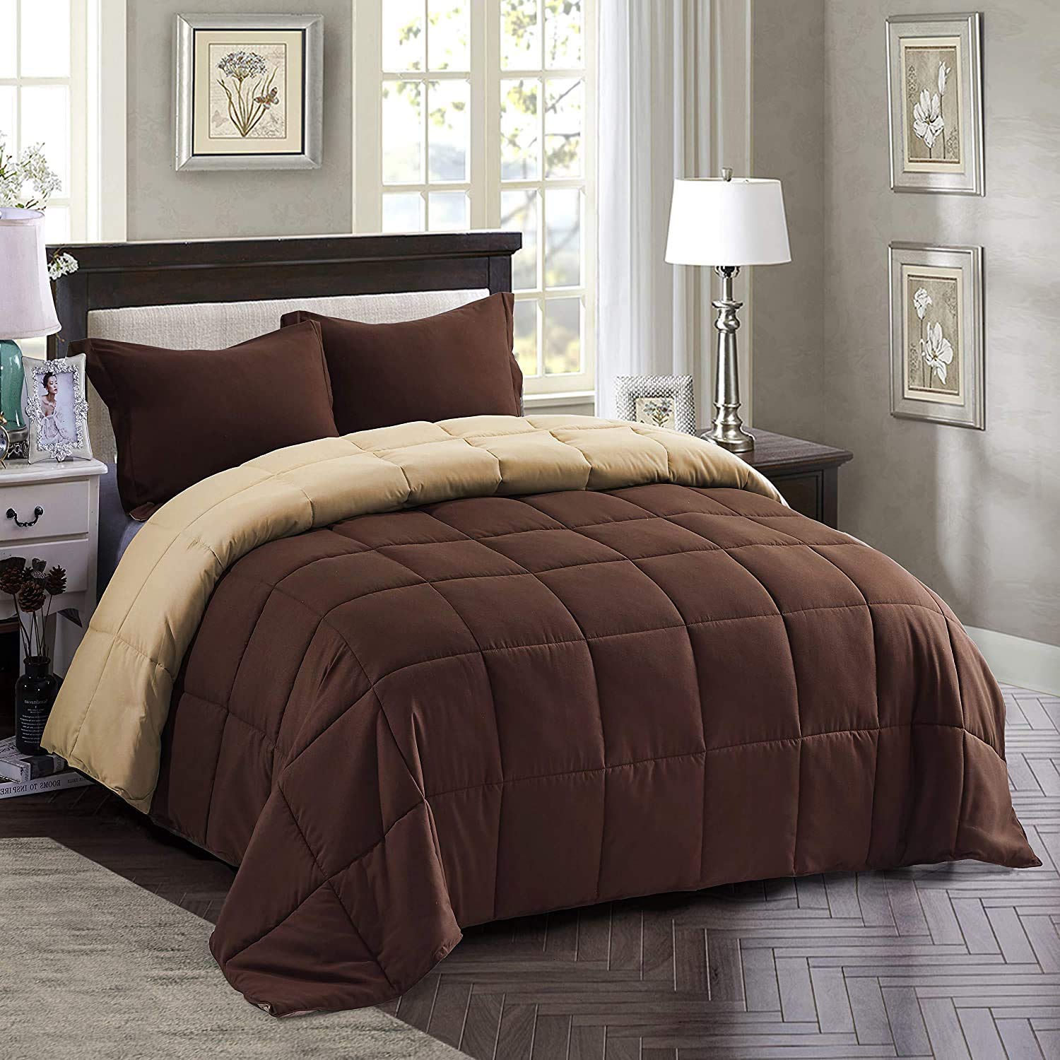 Texlux All Season Microfiber Reversable Duvet/Ac Comforter/Quilt  Brown Beige  Double Size 90 Inch X 100 Inch