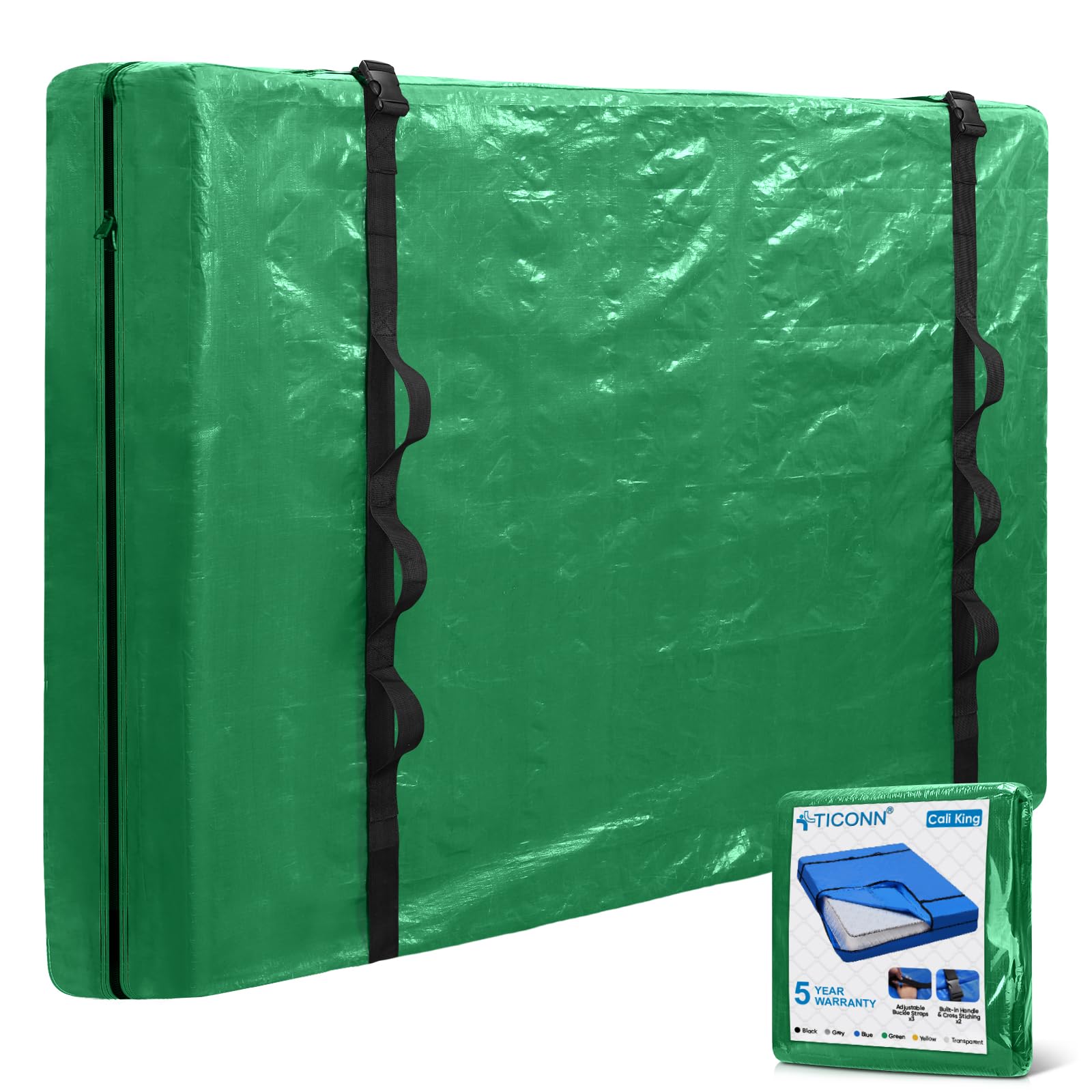 Ticonn Mattress Bags For Moving, Cali King Mattress Cover For Moving, Heavy Duty, Full-Around Handle With Adjustable Buckles, Mattress Storage Bag & Moving Supplies (Green, Cali King)
