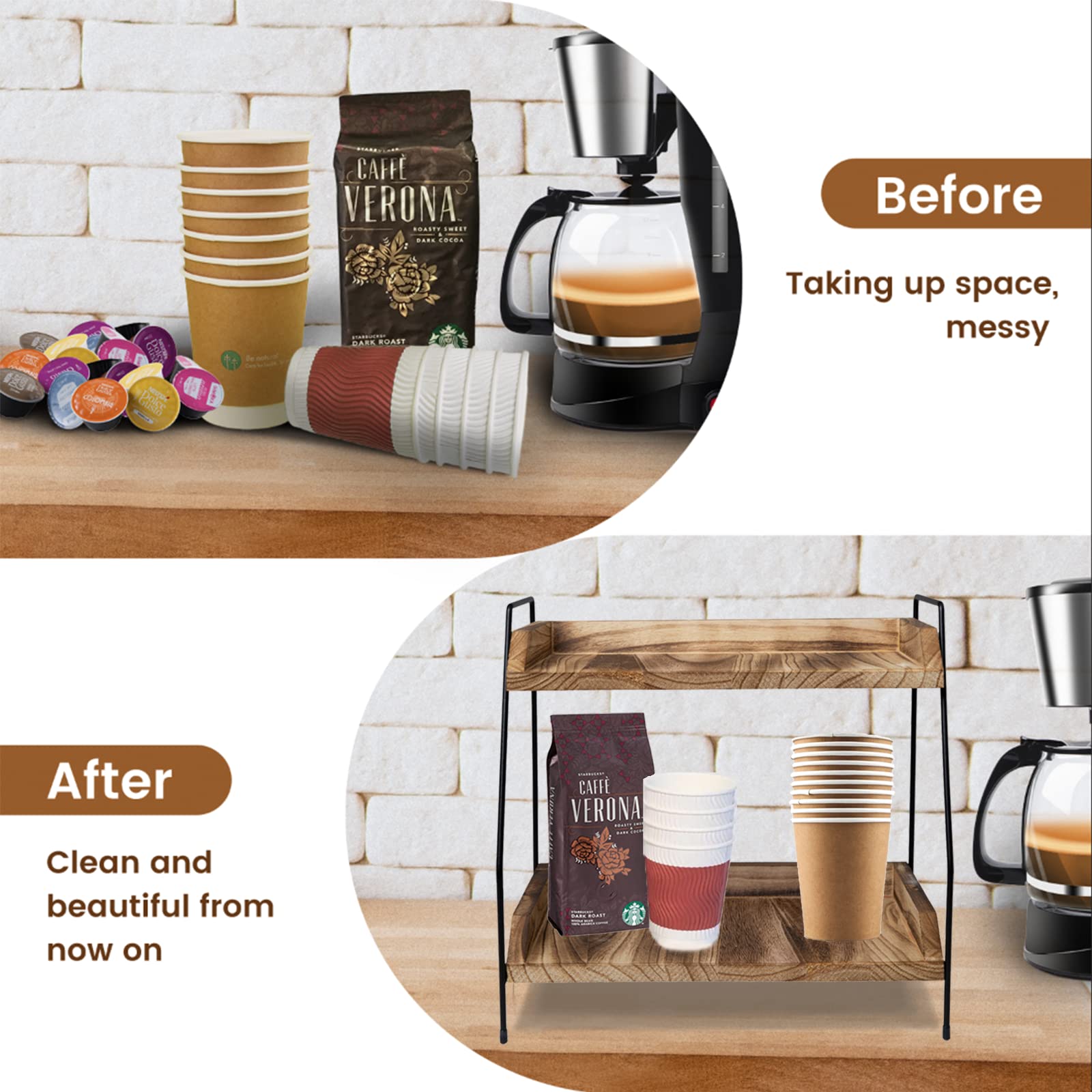 Quallon Coffee Bar Accessories And Organizer, Coffee Station Organizer 2 Tier Bathroom Counter Organizer, Wood Coffee Tray, Bath