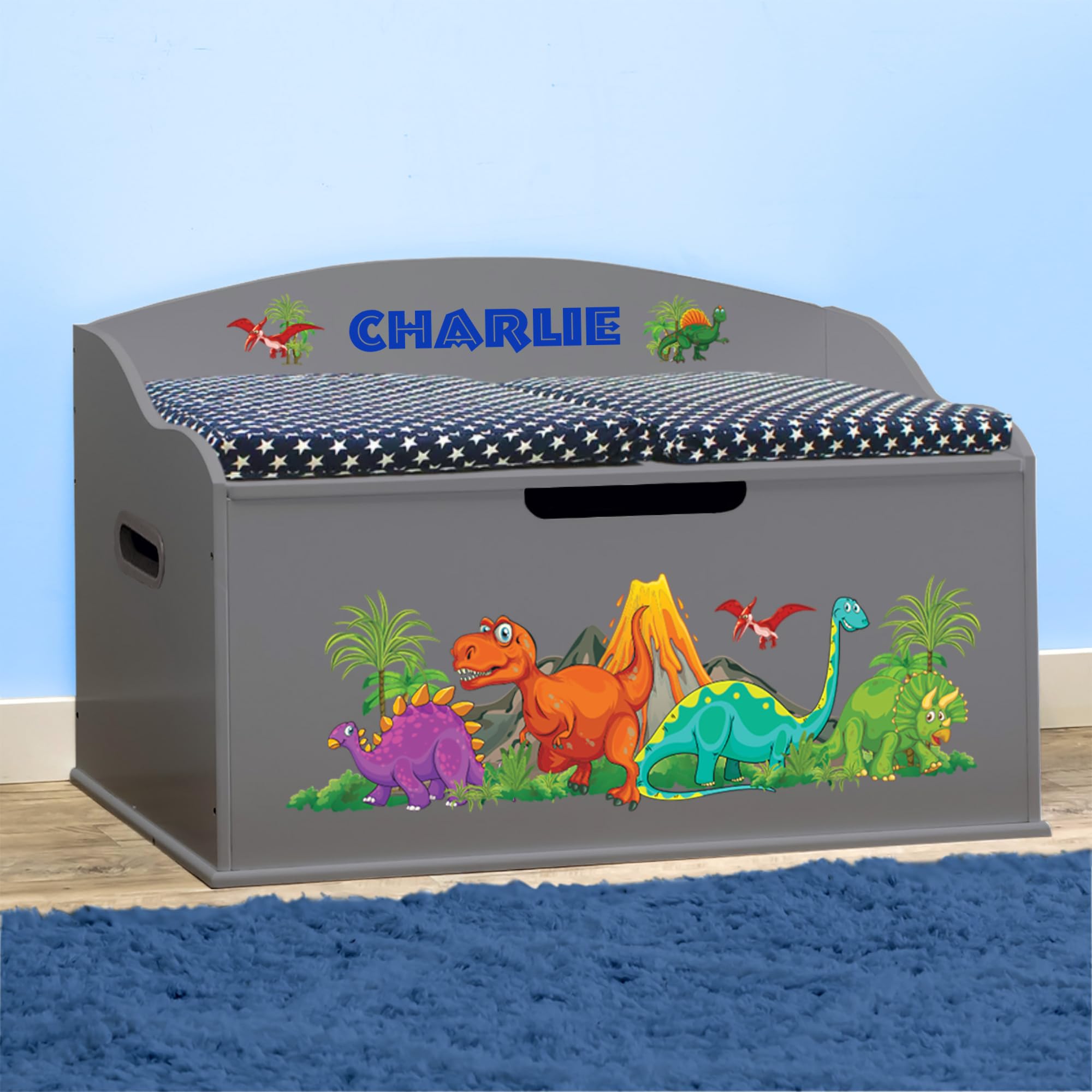 DIBSIES Personalized Creative Wonders Toy Box, Dinosaurs, 30 x 19.25 x 18 inches, Soft-Close Lid (Dovetail Grey)