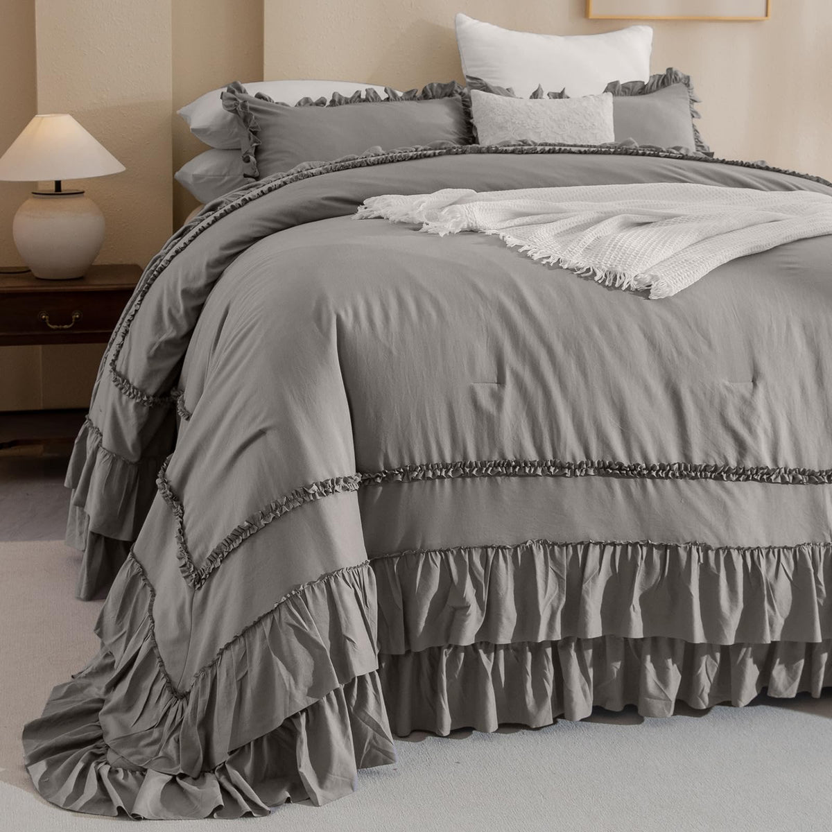 Masaca Grey Oversized King Comforter 120X120,Farmhouse Shabby Boho Chic Gray Ruffled California King Comforter Oversized,Vintage